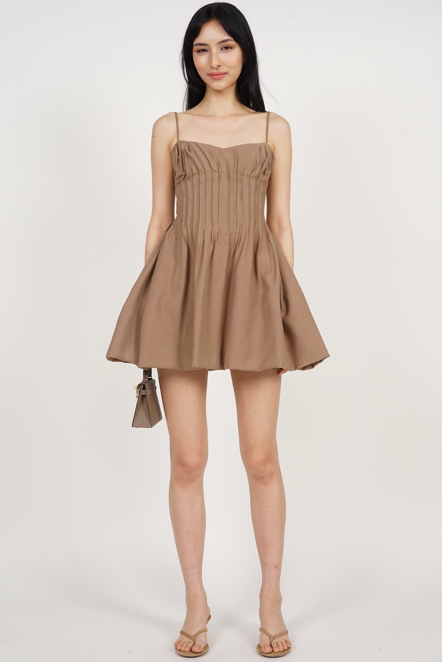 Pintuck Bubble-Hem Dress in Bronze