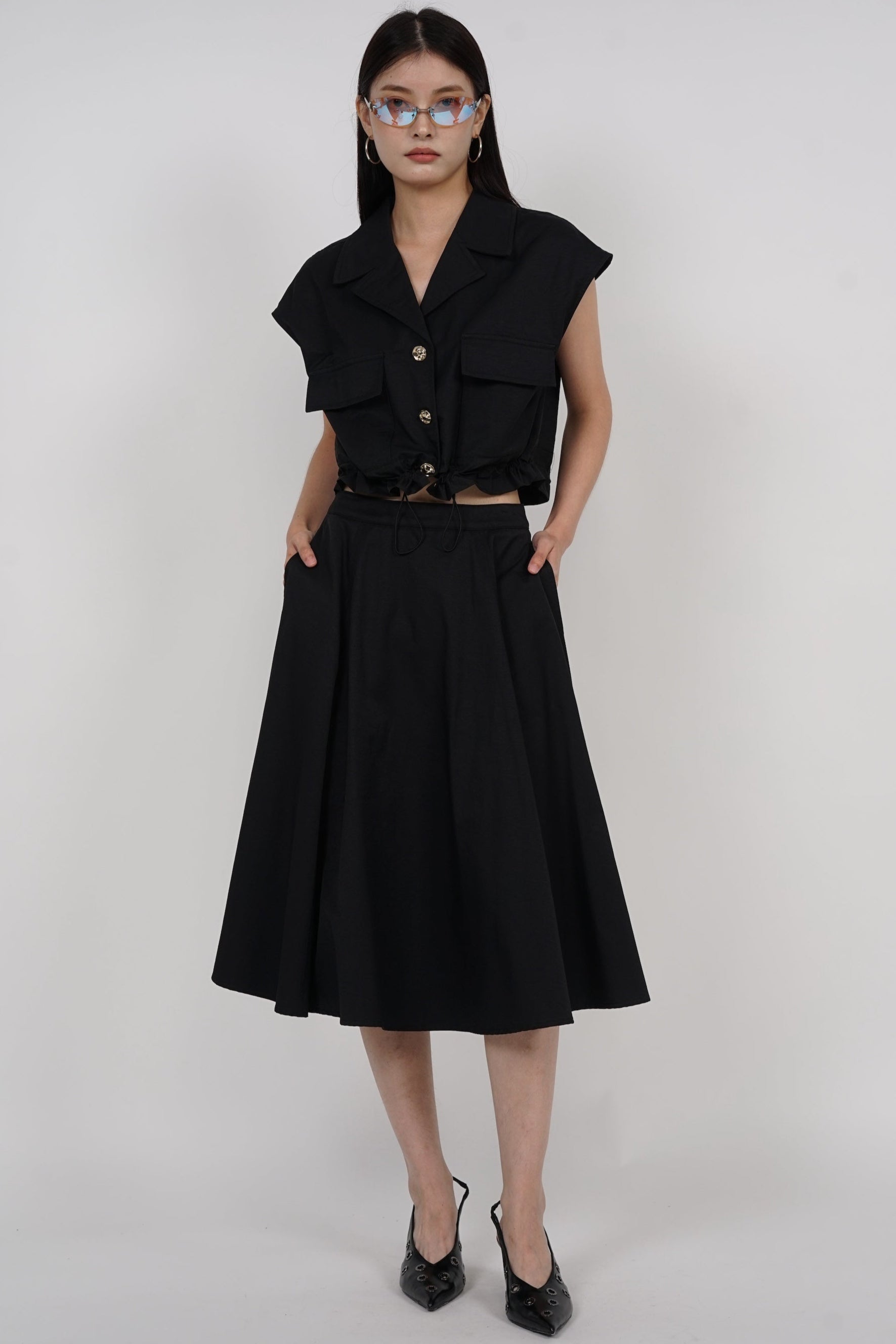 Cap Sleeve Cargo Top in Black