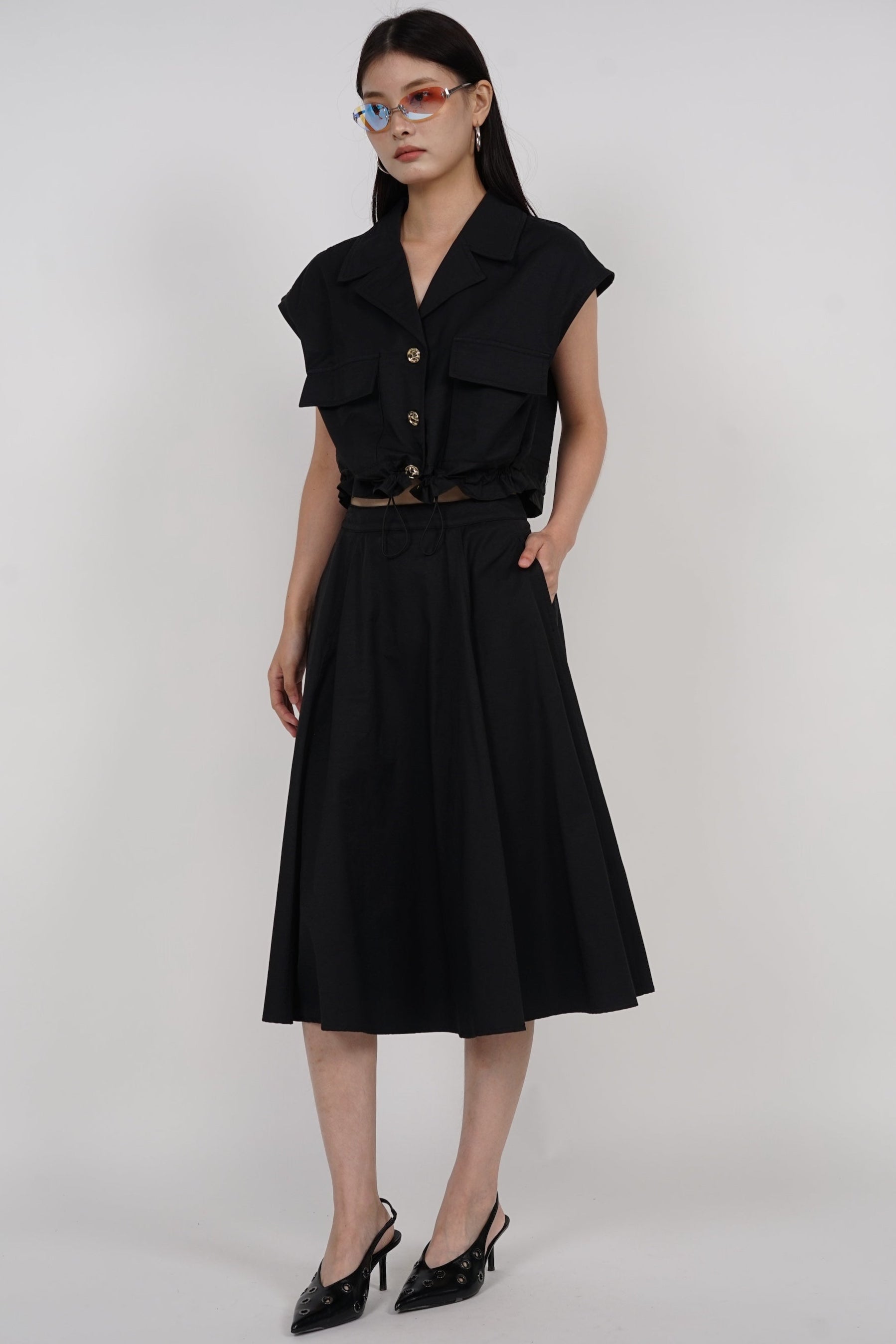 Cap Sleeve Cargo Top in Black