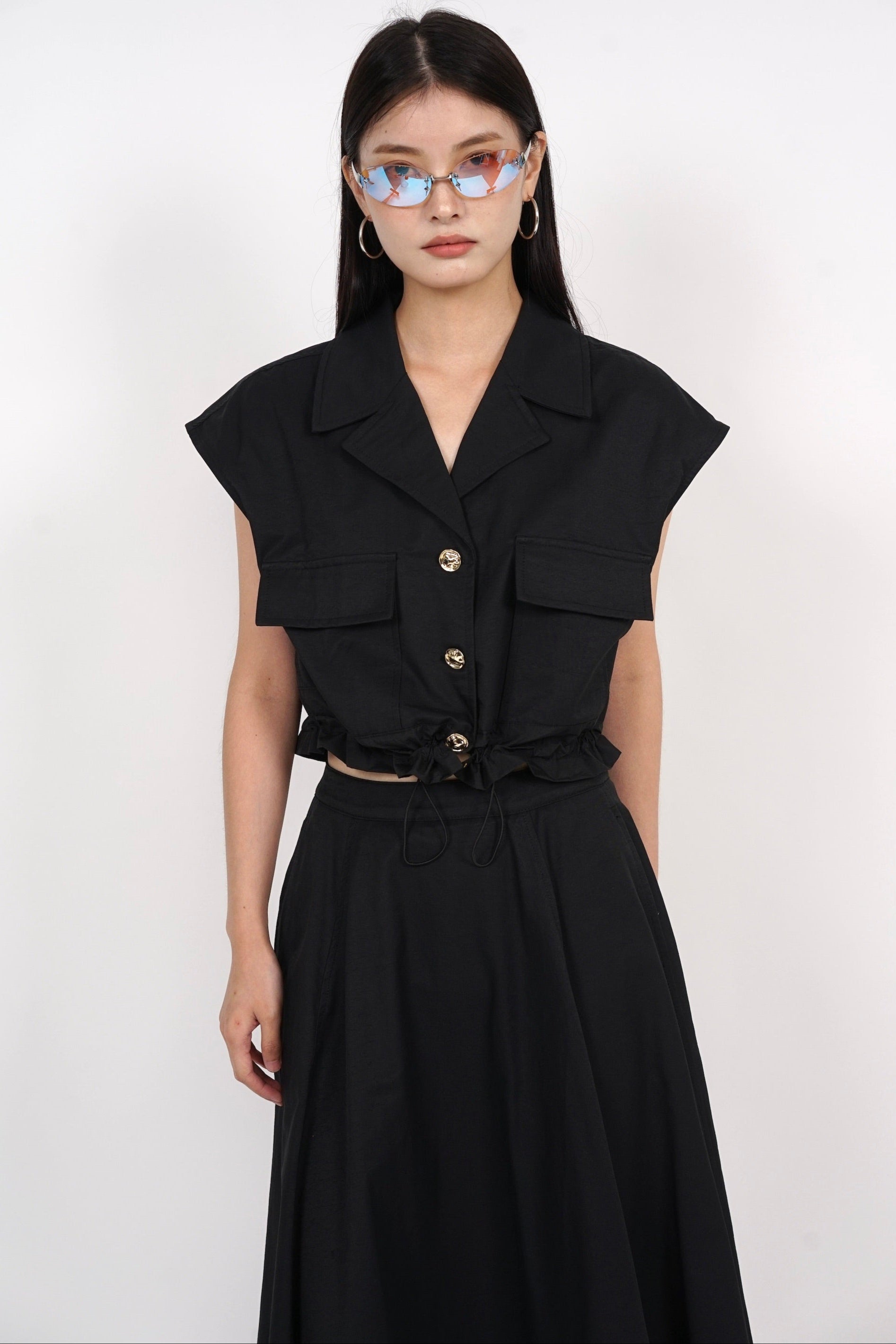 Cap Sleeve Cargo Top in Black