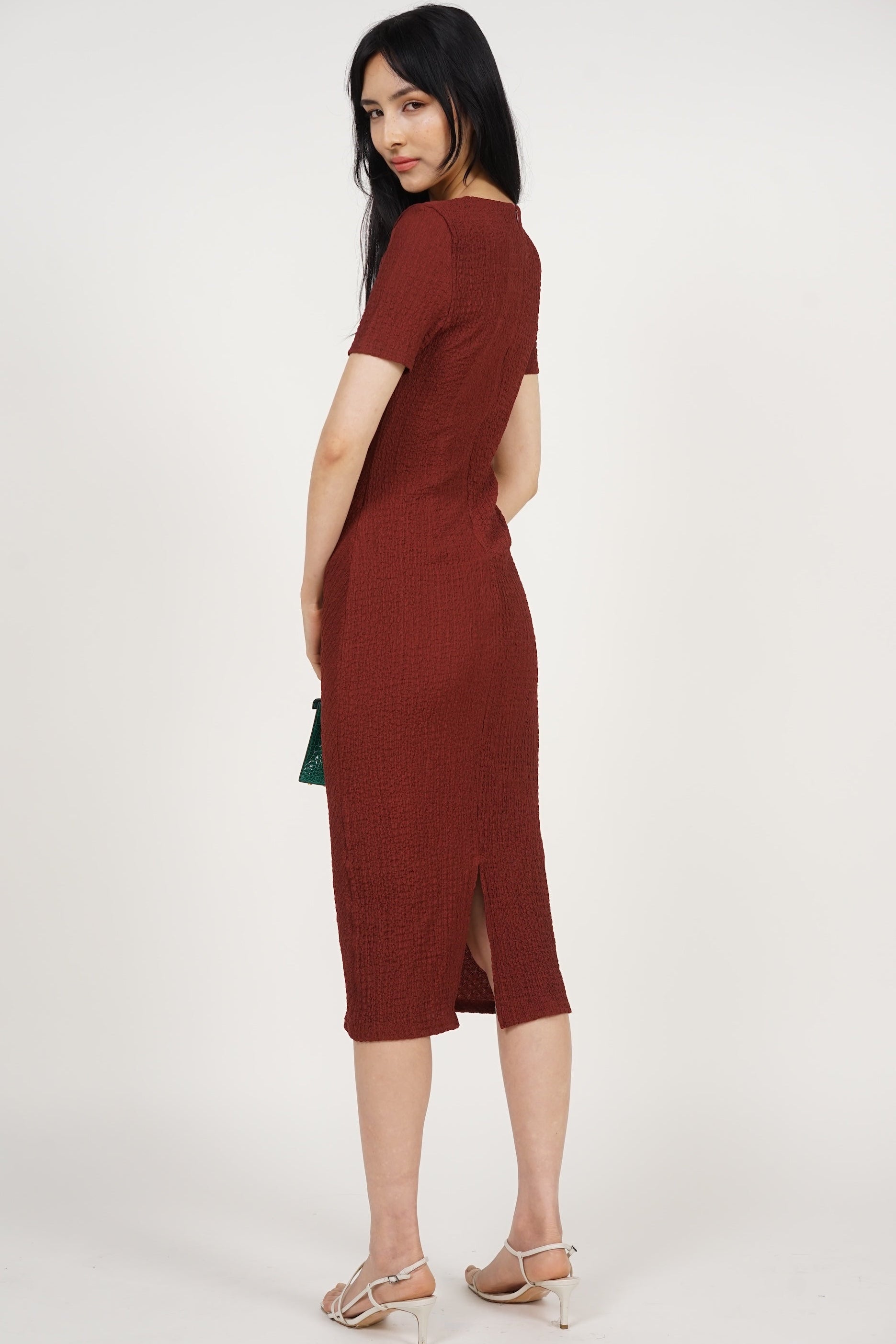 Side Pleated Midi Dress in Brick
