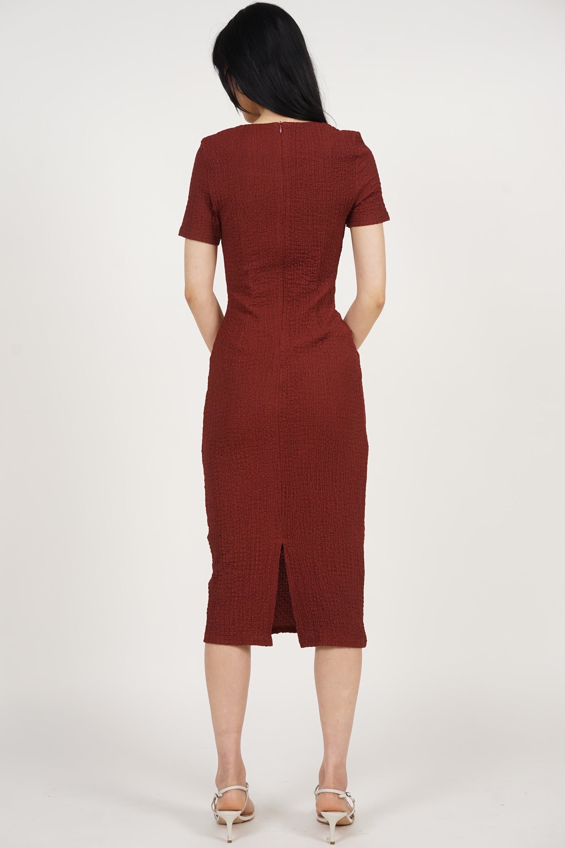 Side Pleated Midi Dress in Brick