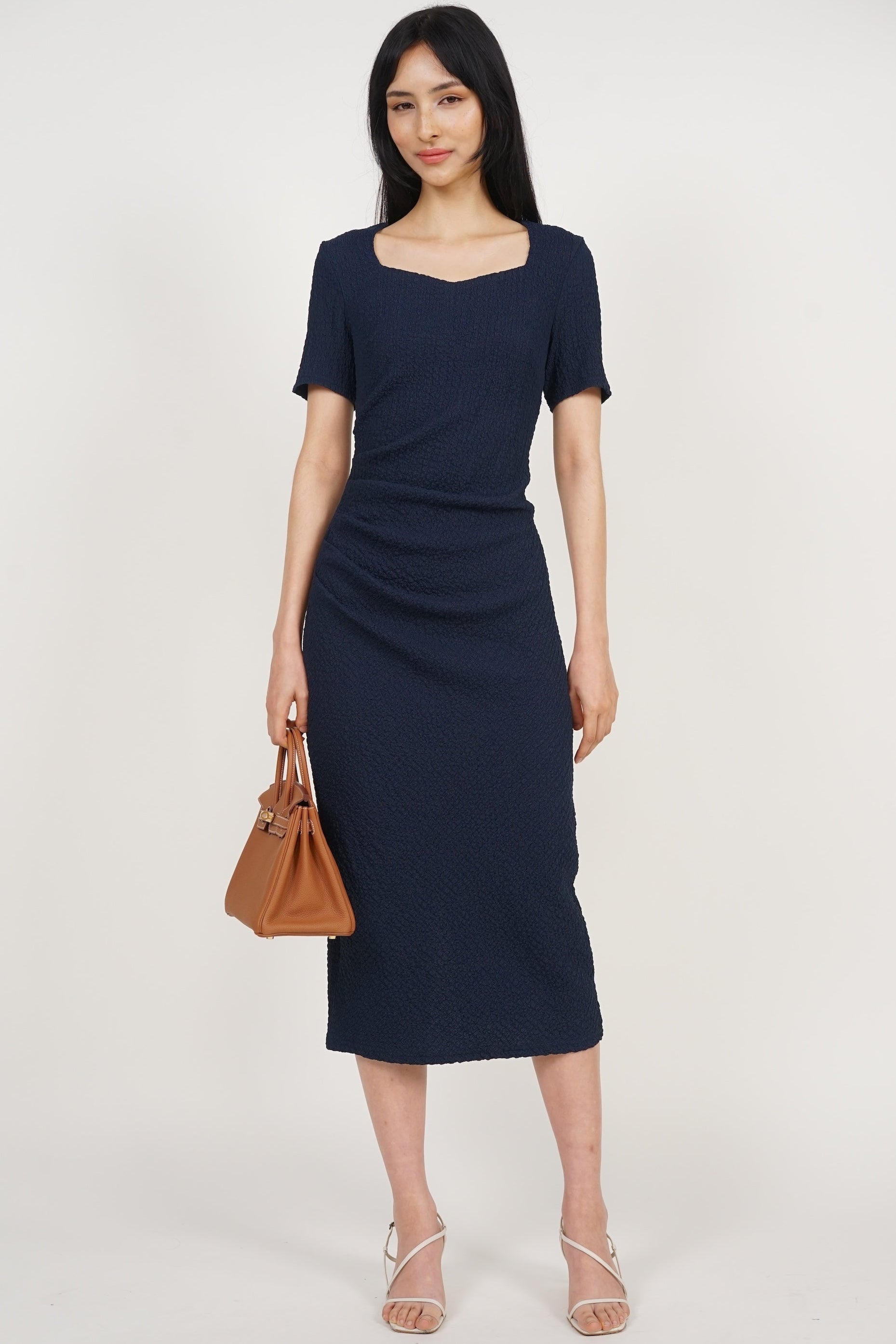 knee length dresses for ladies MEIMEIJ - V NECK MIDI DRESS WITH PUFF SLEEVES