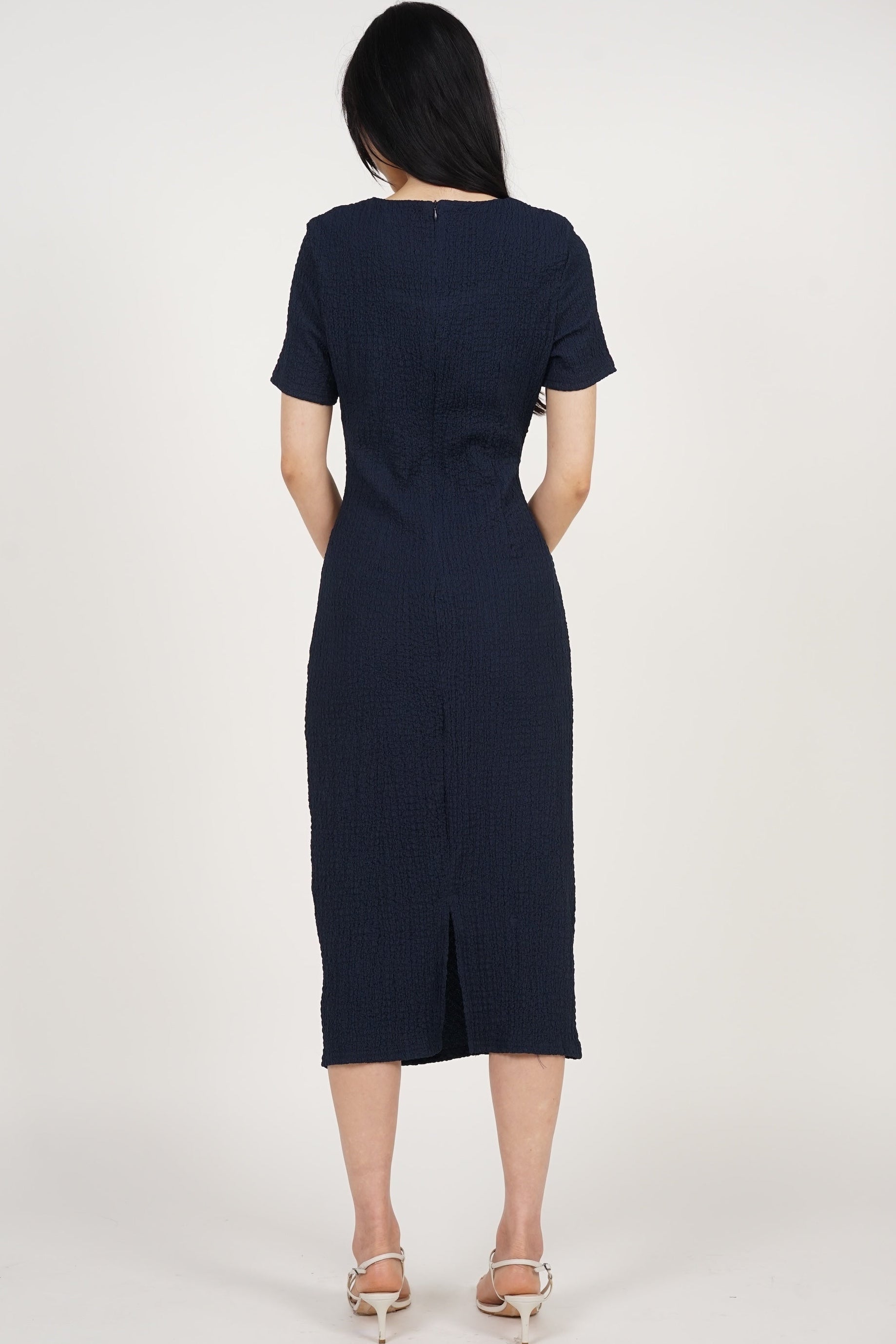 Side Pleated Midi Dress in Midnight
