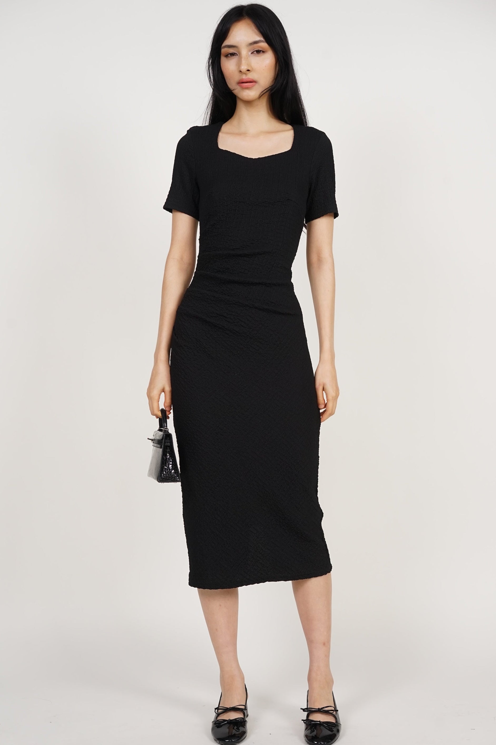 Side Pleated Midi Dress in Black