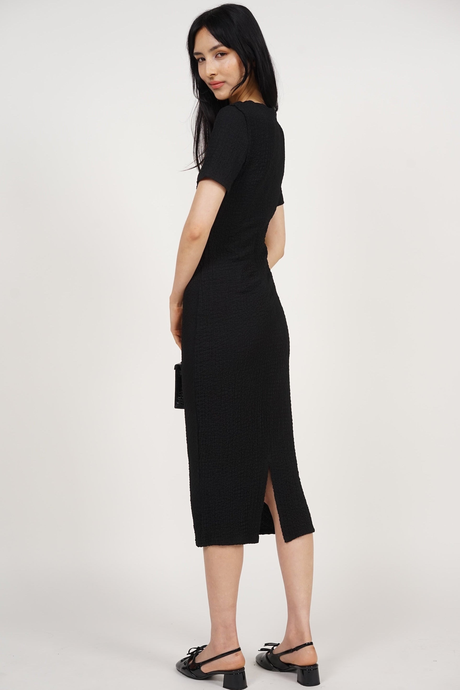 Side Pleated Midi Dress in Black
