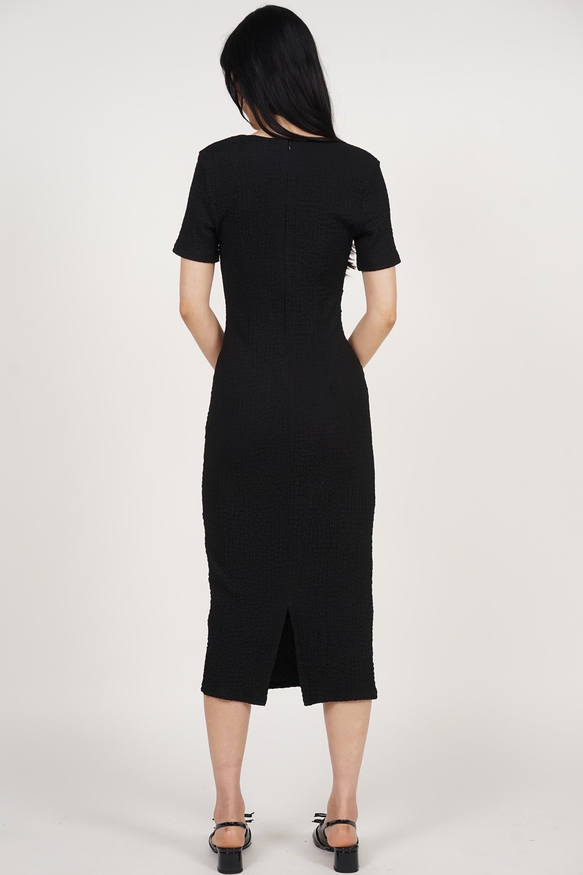 Side Pleated Midi Dress in Black