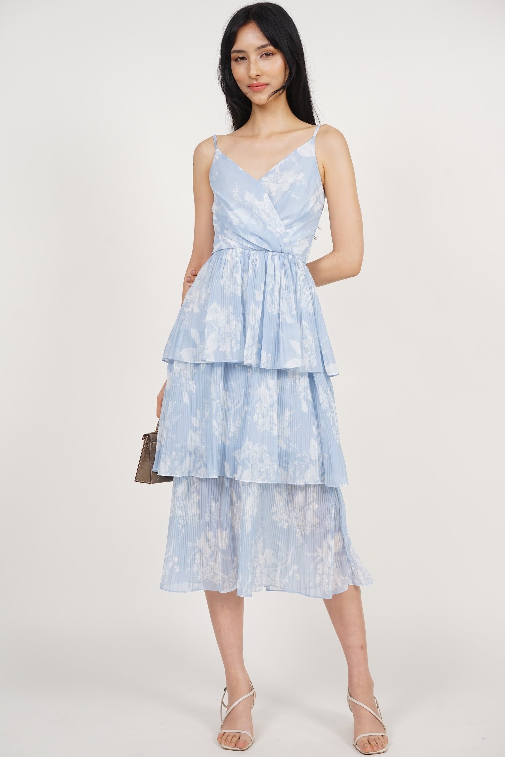 Wrap Tiered Pleated Dress in Blue Floral Wrap Tiered Pleated Dress in Blue Floral
