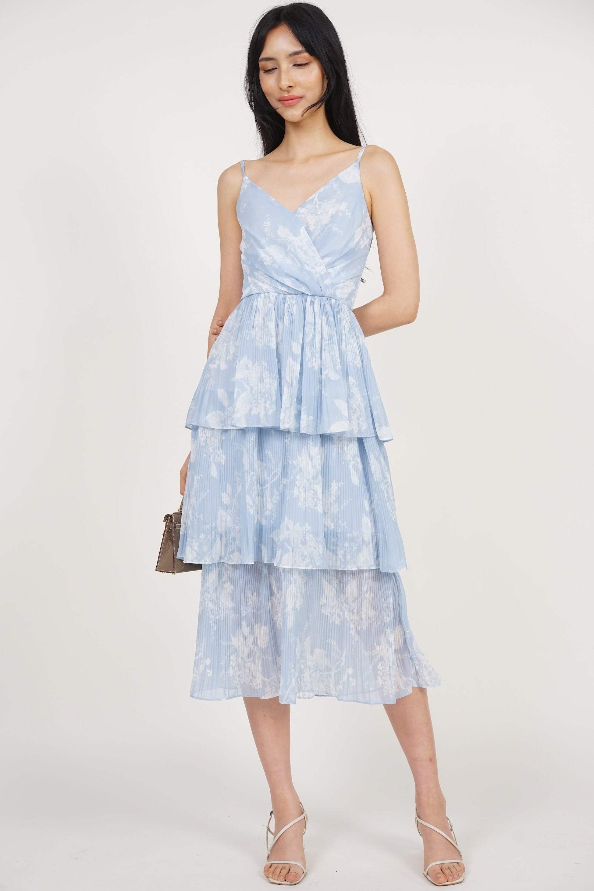 Wrap Tiered Pleated Dress in Blue Floral