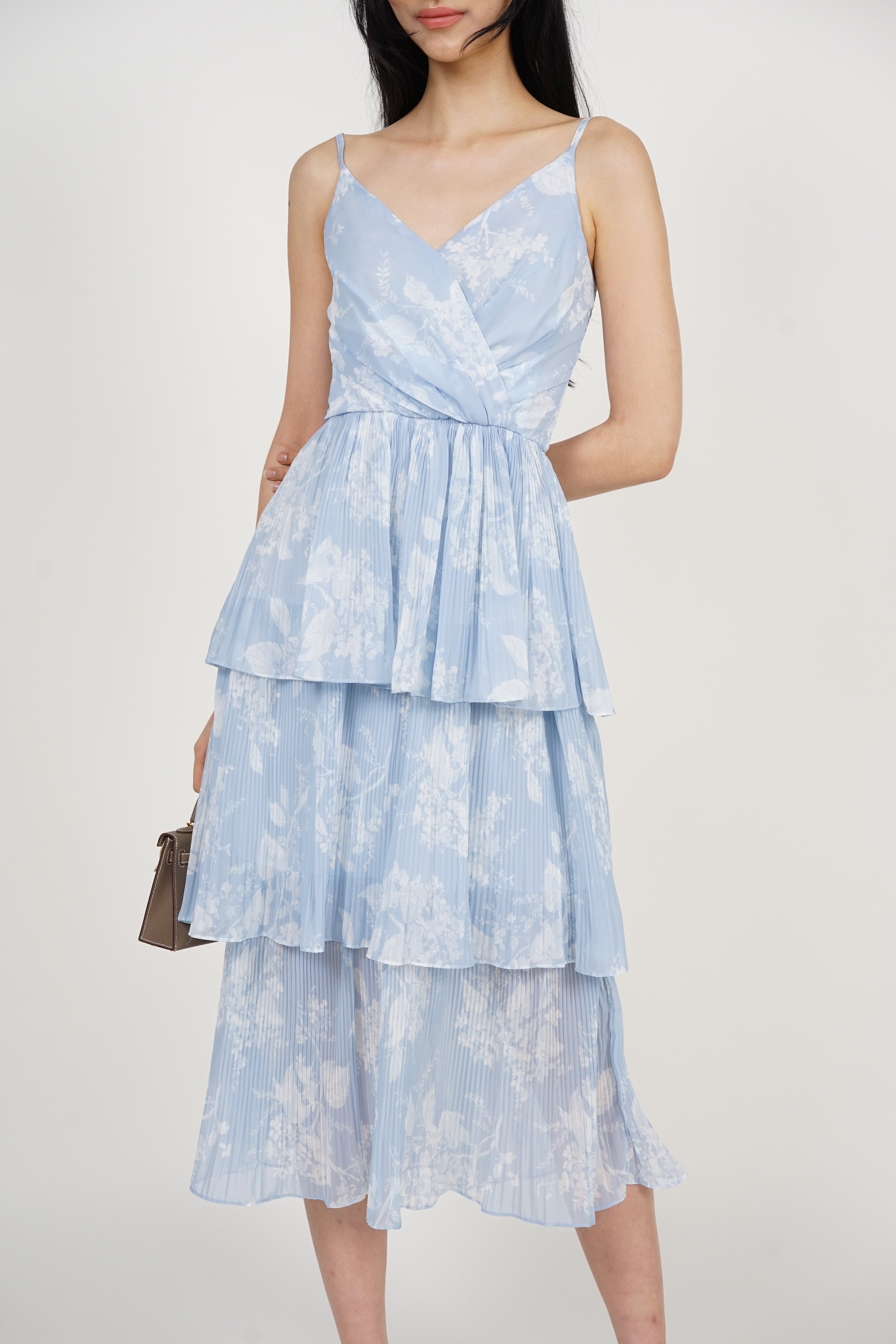 Wrap Tiered Pleated Dress in Blue Floral