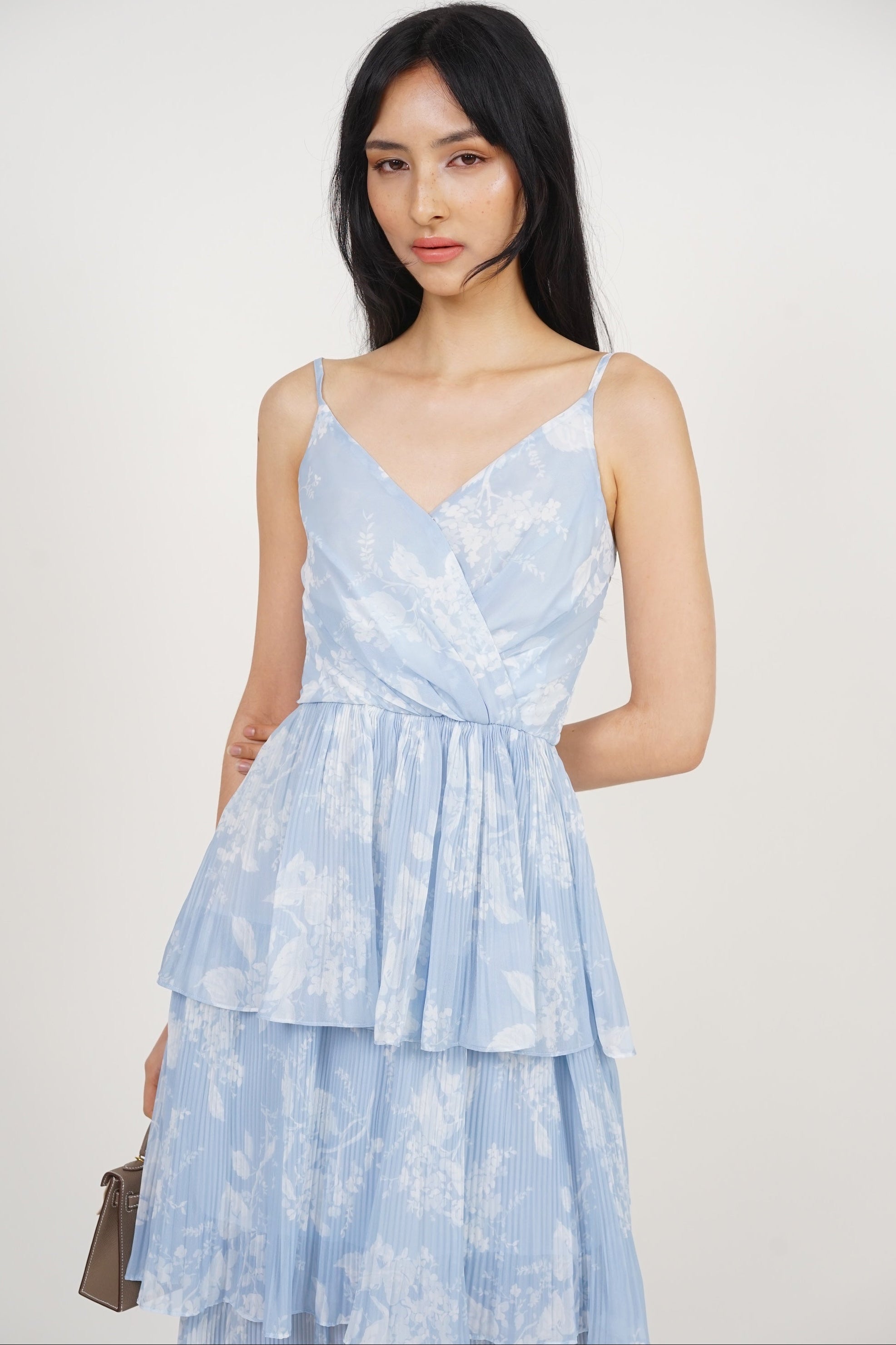 Wrap Tiered Pleated Dress in Blue Floral