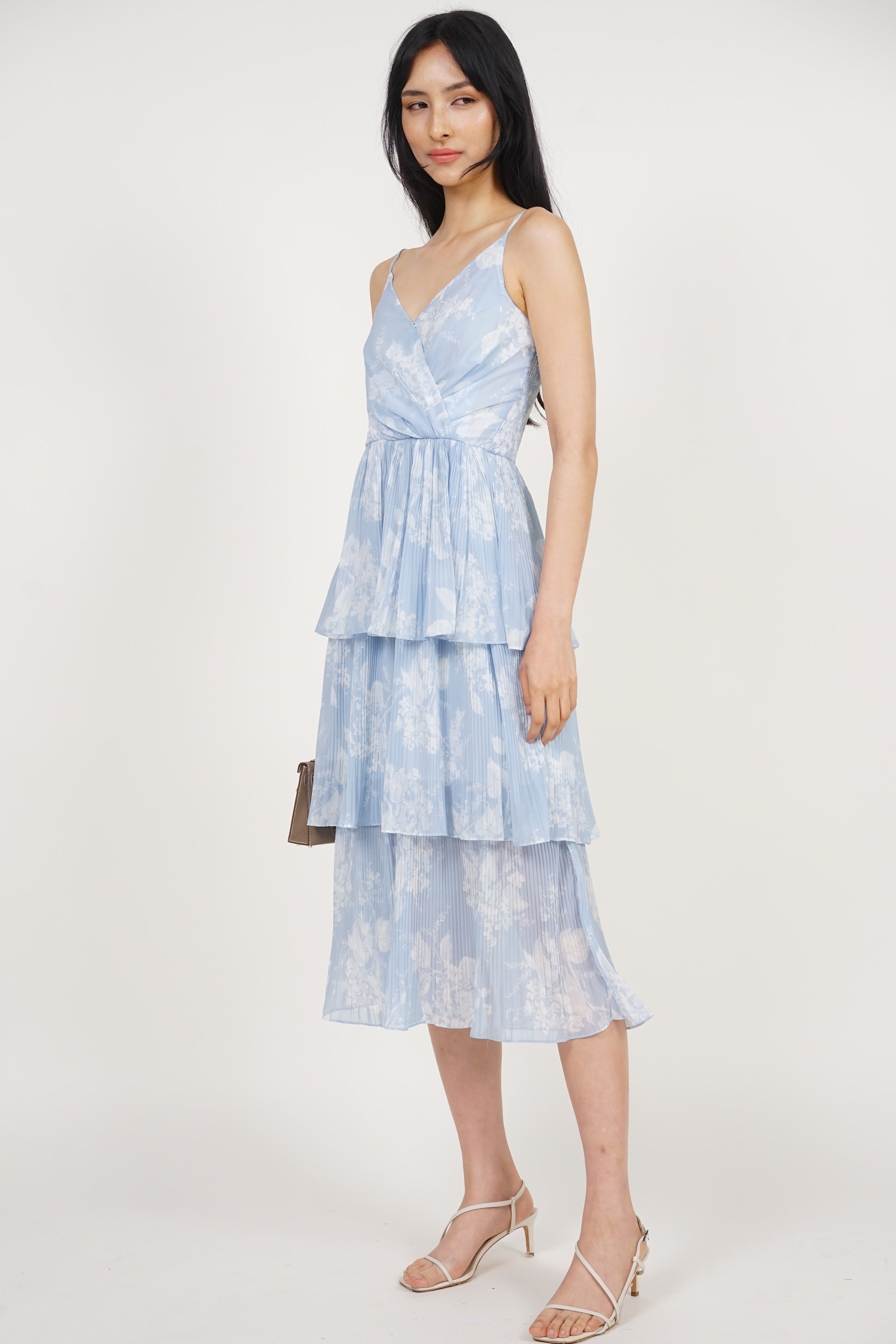 Wrap Tiered Pleated Dress in Blue Floral