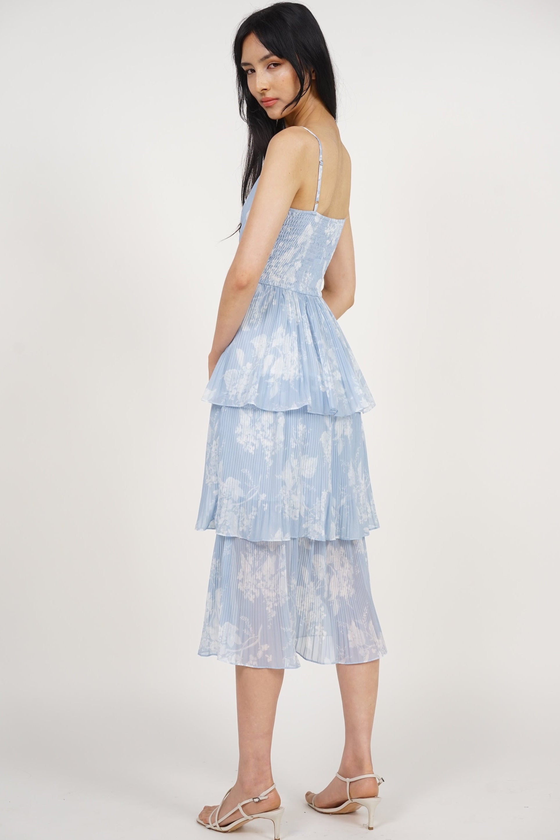 Wrap Tiered Pleated Dress in Blue Floral