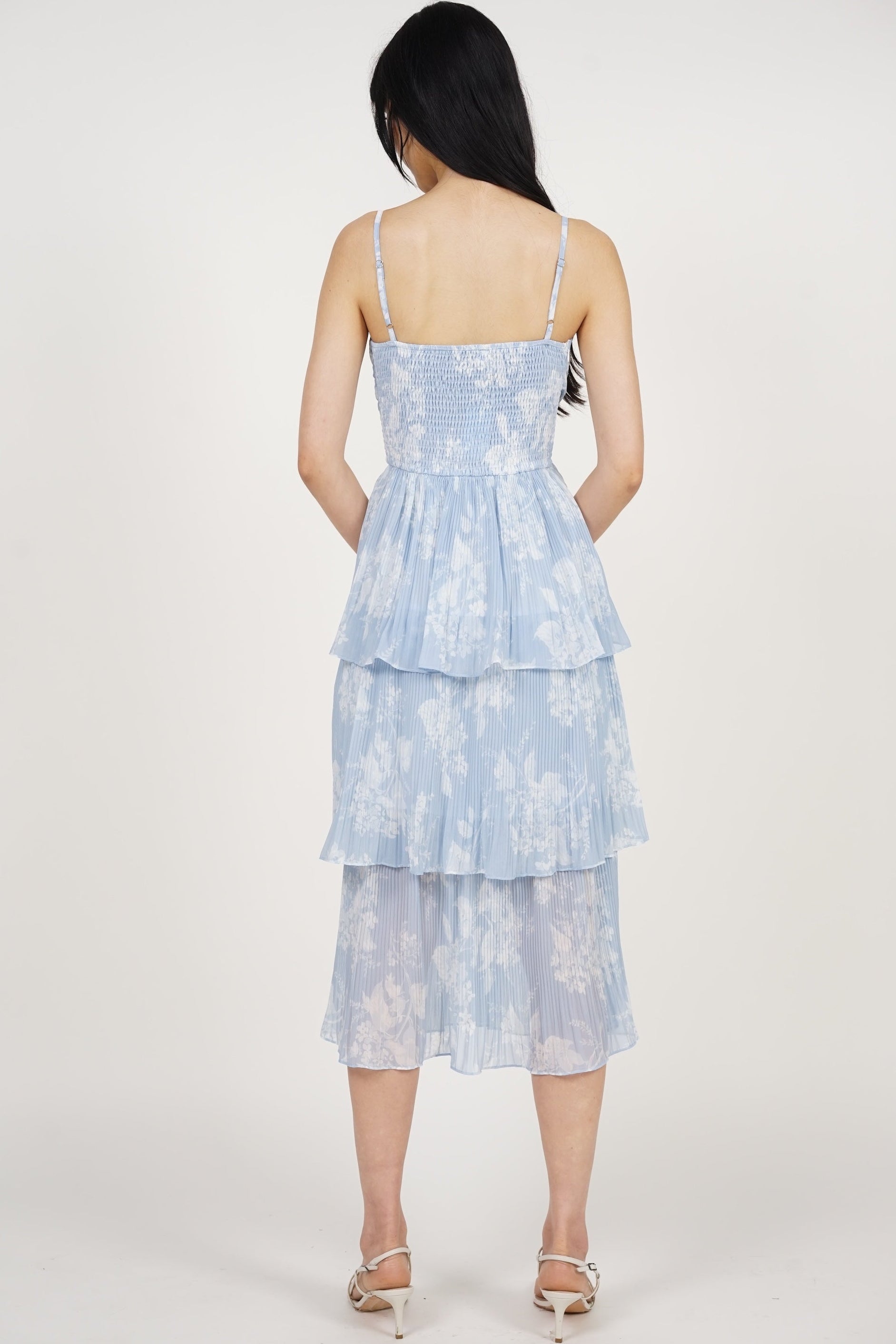 Wrap Tiered Pleated Dress in Blue Floral