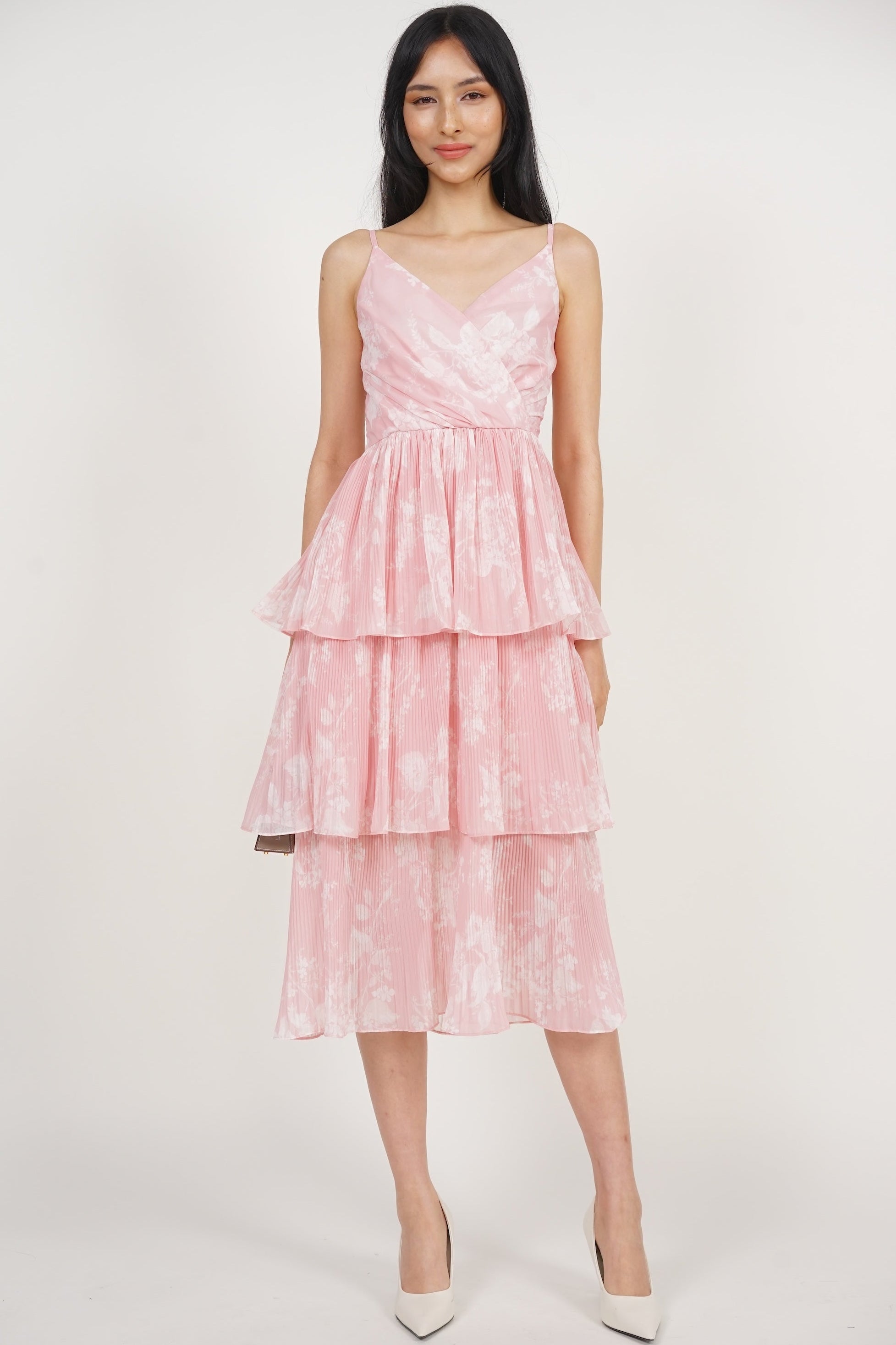 Wrap Tiered Pleated Dress in Pink Floral