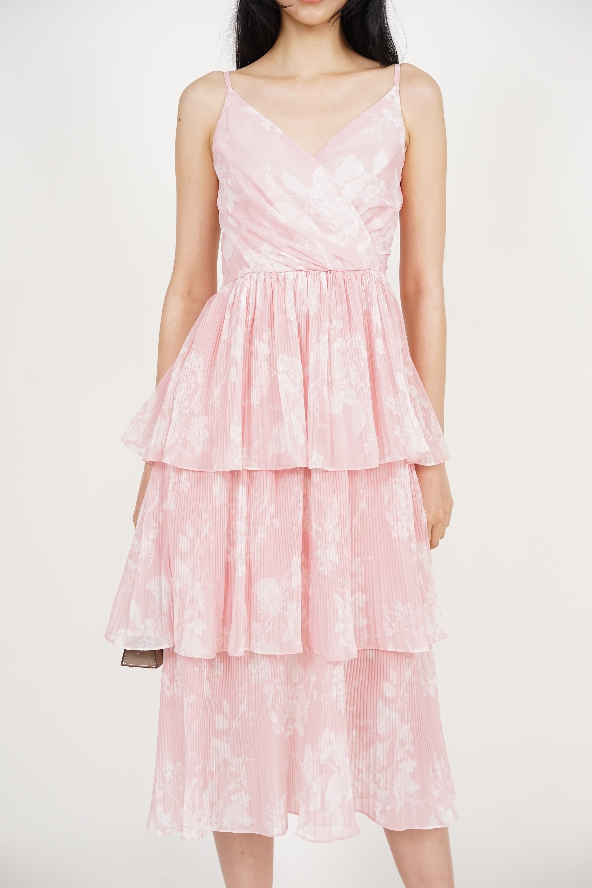 Wrap Tiered Pleated Dress in Pink Floral
