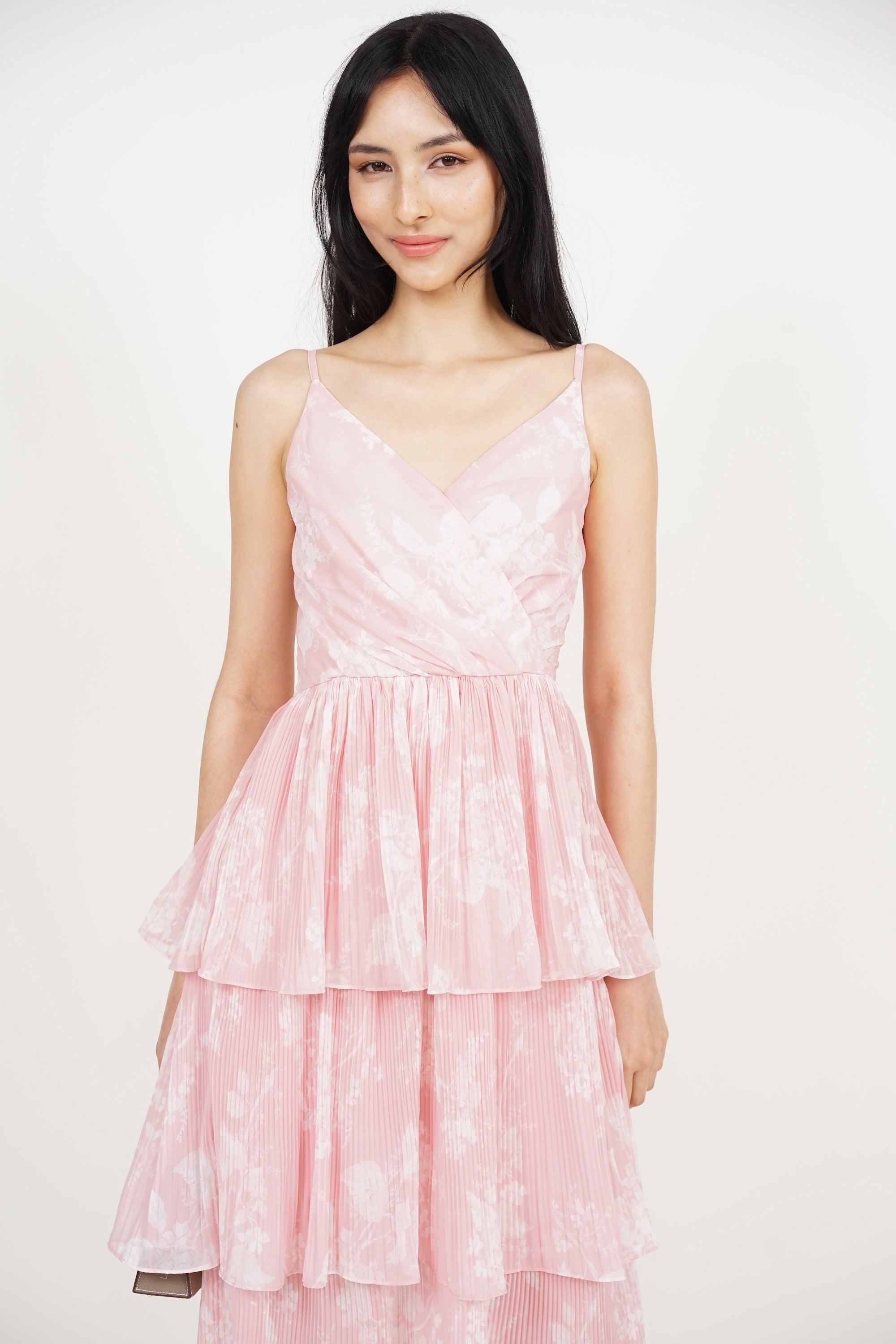 Wrap Tiered Pleated Dress in Pink Floral
