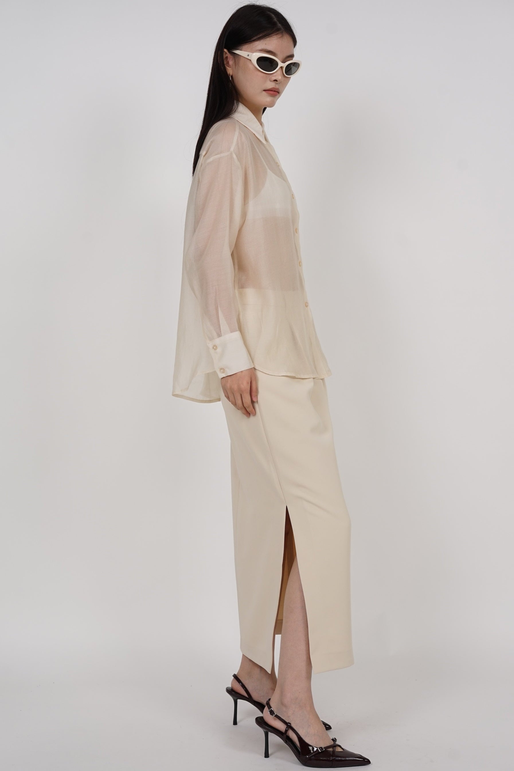 Side Slit Column Skirt in Beige