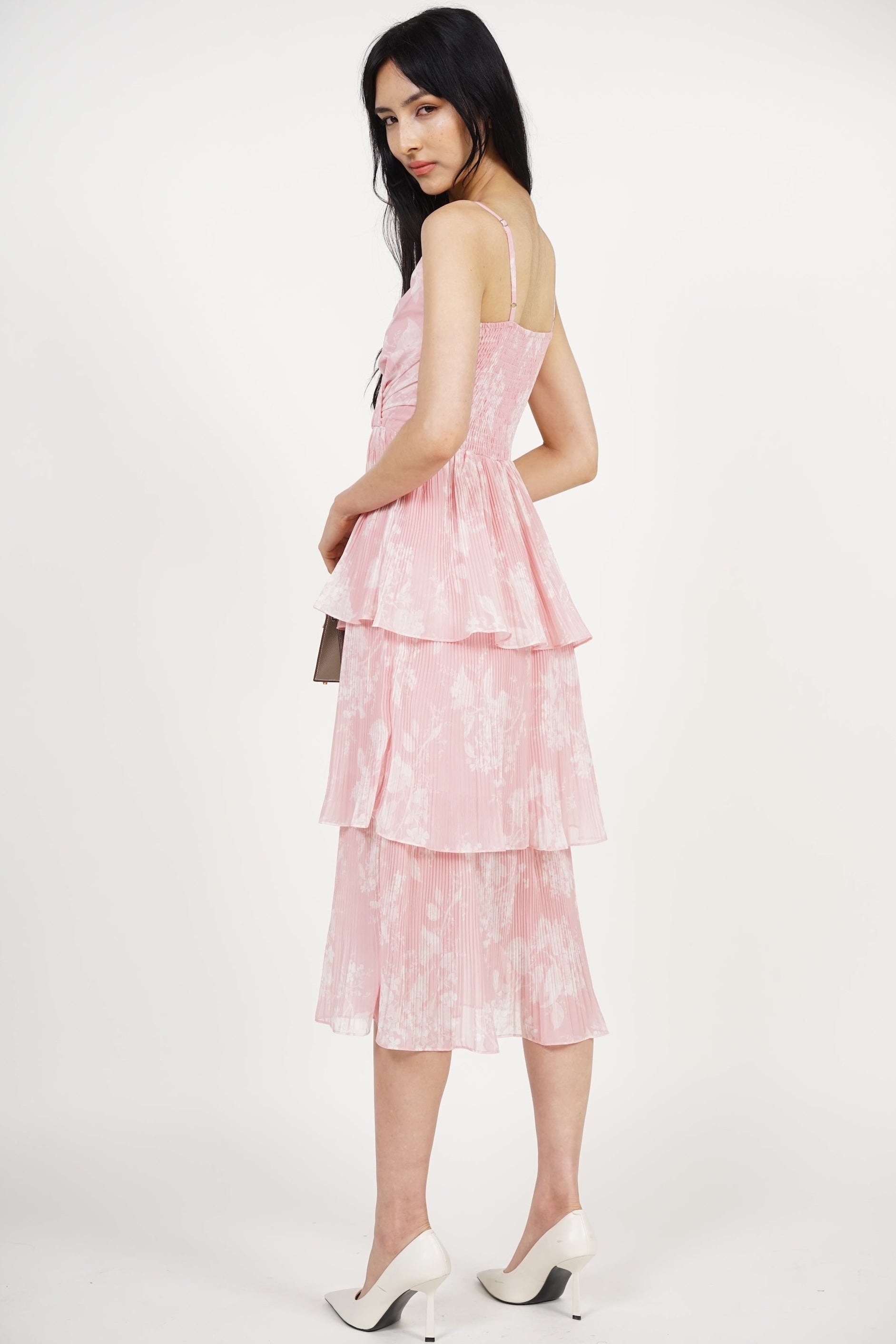 Wrap Tiered Pleated Dress in Pink Floral