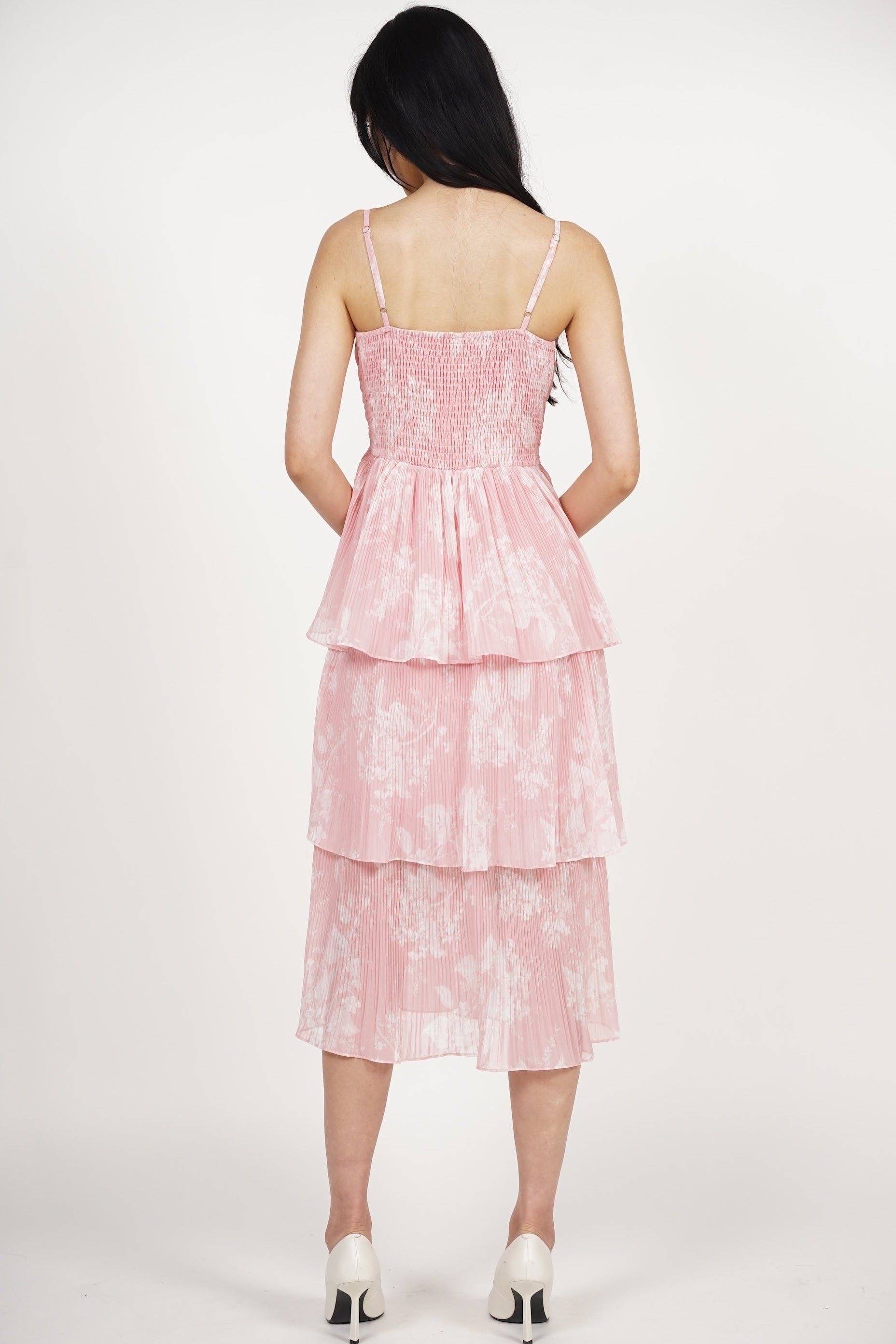 Wrap Tiered Pleated Dress in Pink Floral