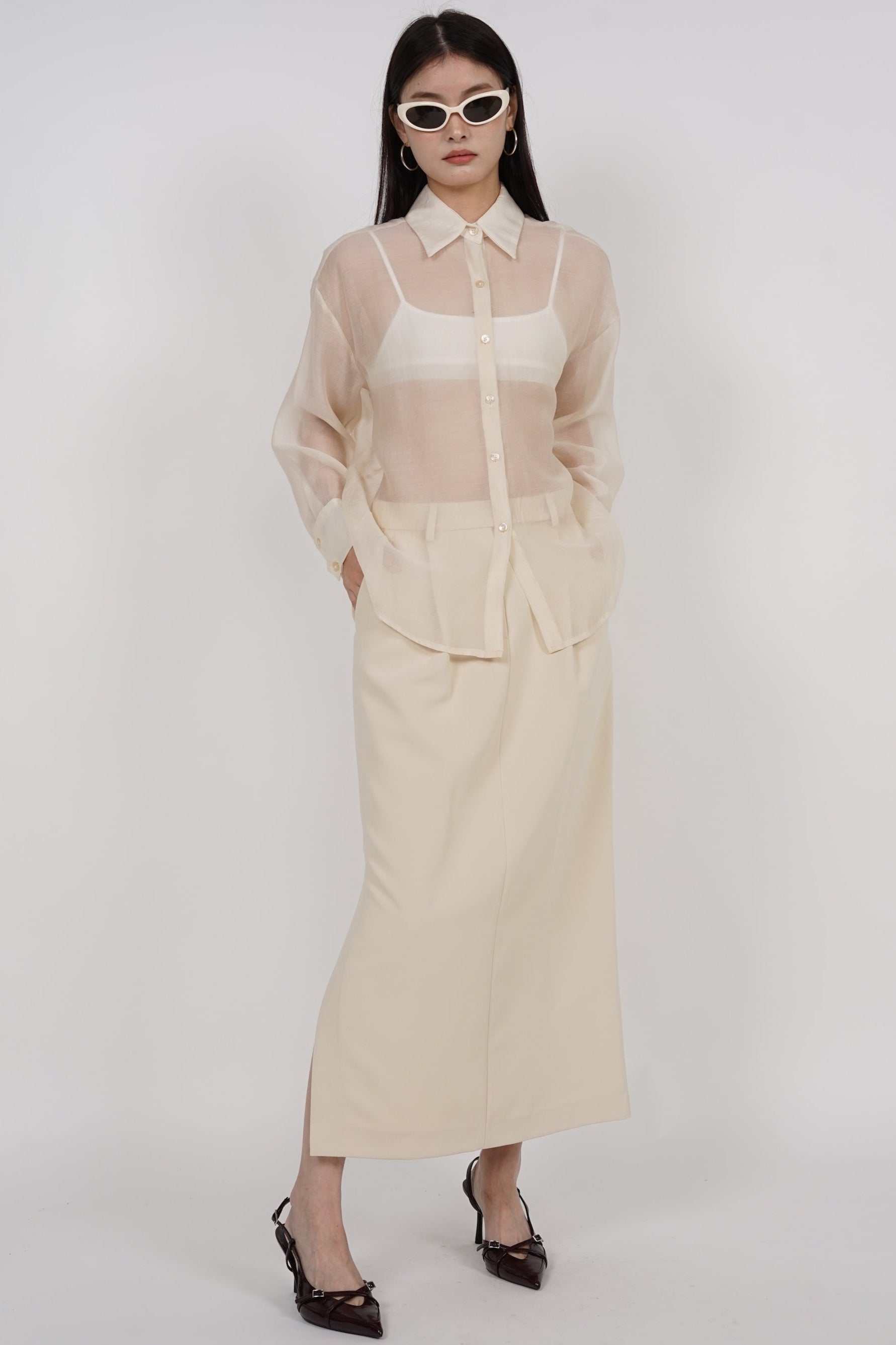 Side Slit Column Skirt in Beige