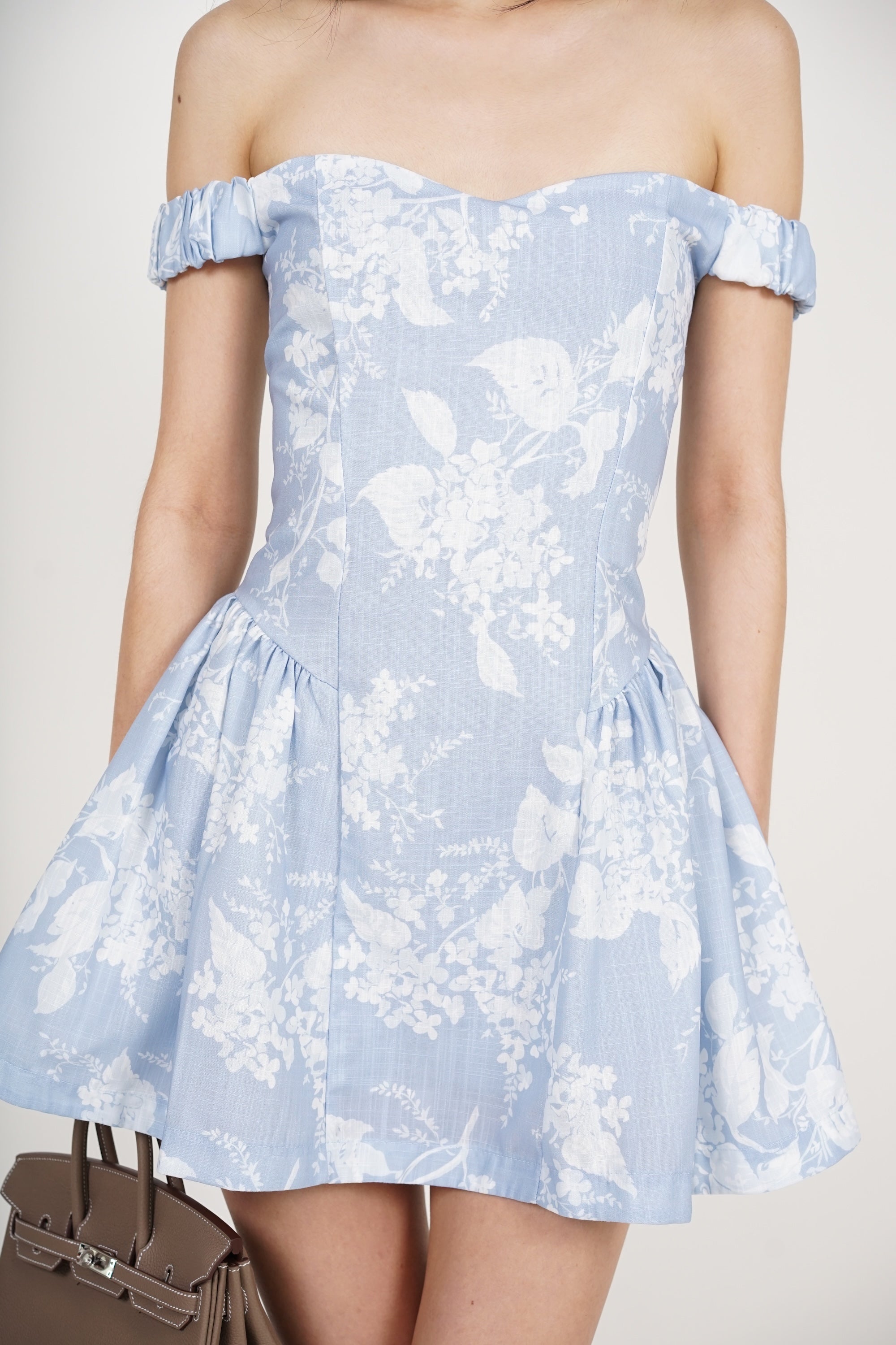 Off-Shoulder Mini Dress in Blue Floral
