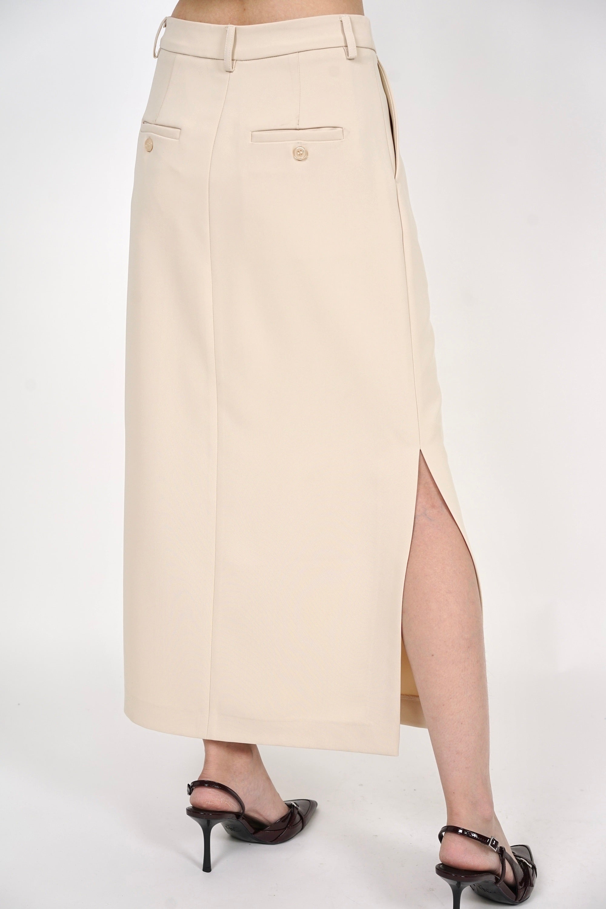 Side Slit Column Skirt in Beige