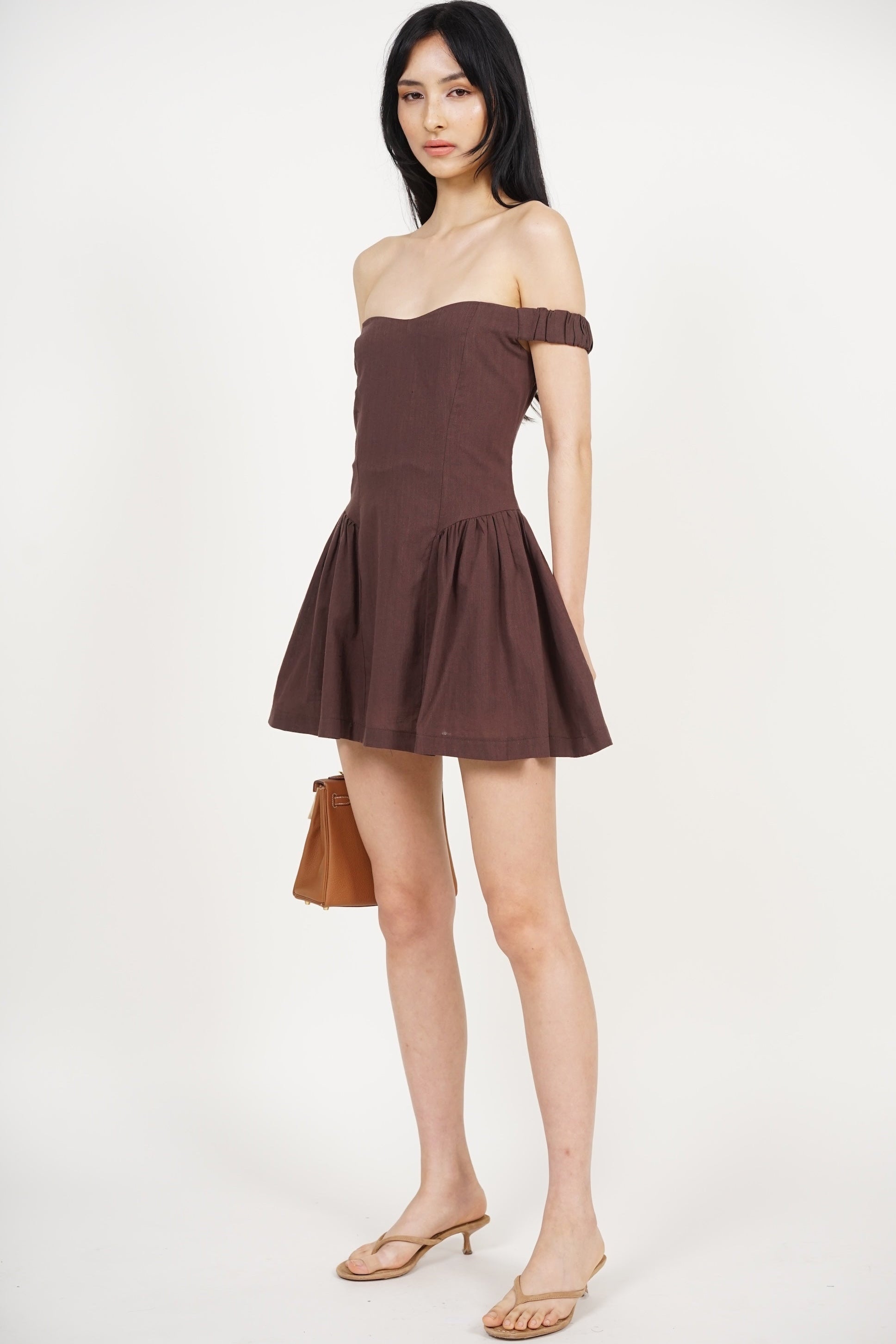 Off-Shoulder Mini Dress in Brown