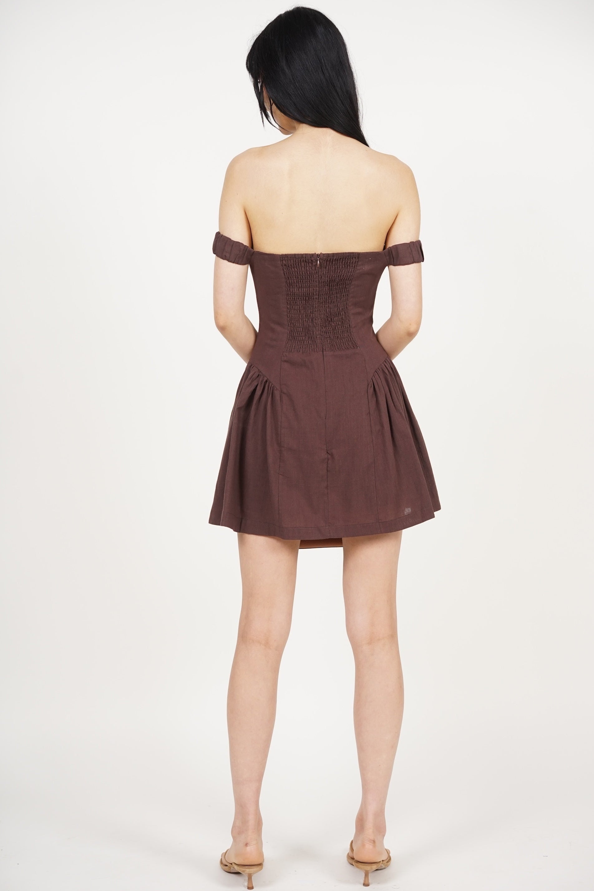 Off-Shoulder Mini Dress in Brown