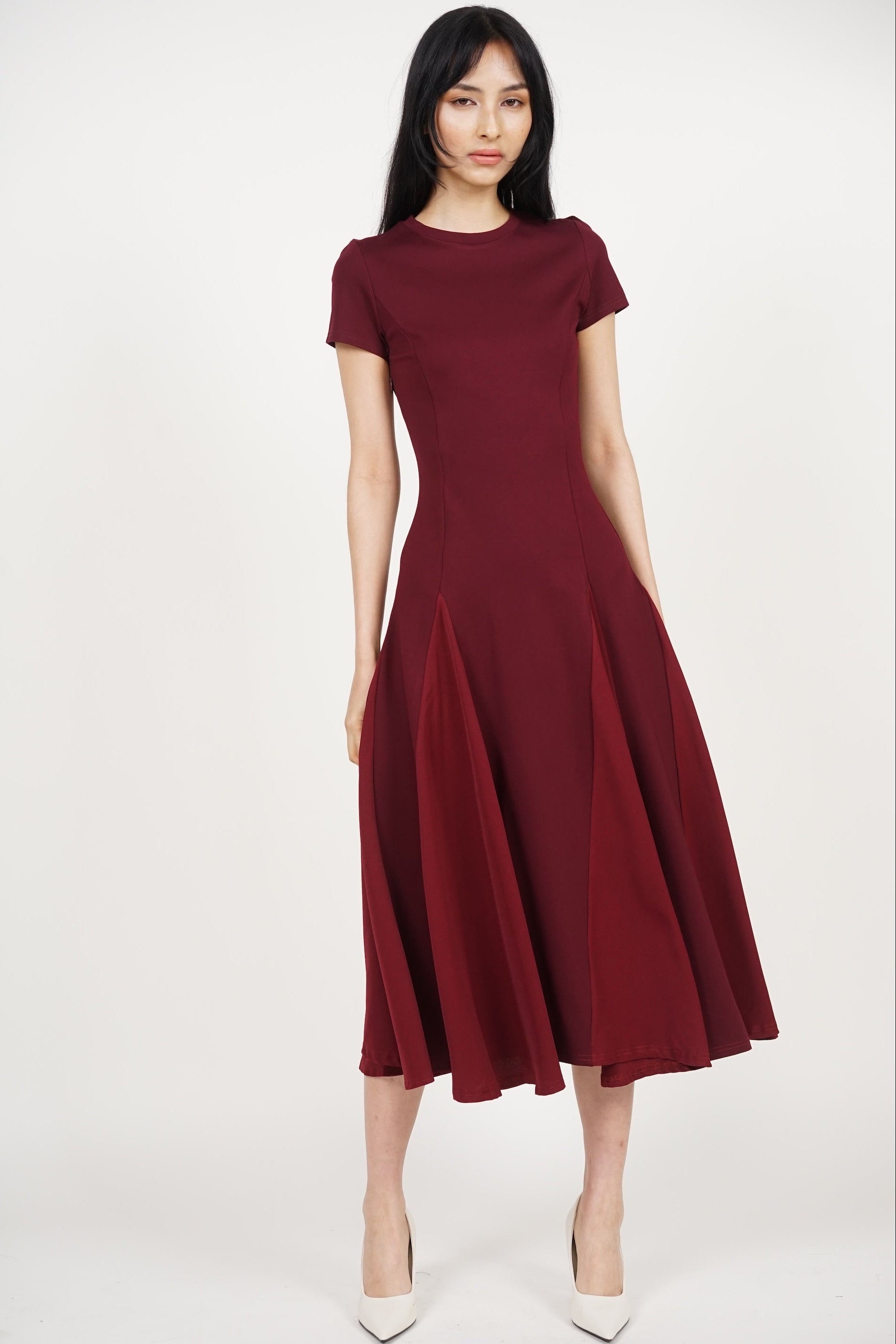 COMING SOON - Midi Godet Colorblock Dress in Burgundy Maroon
