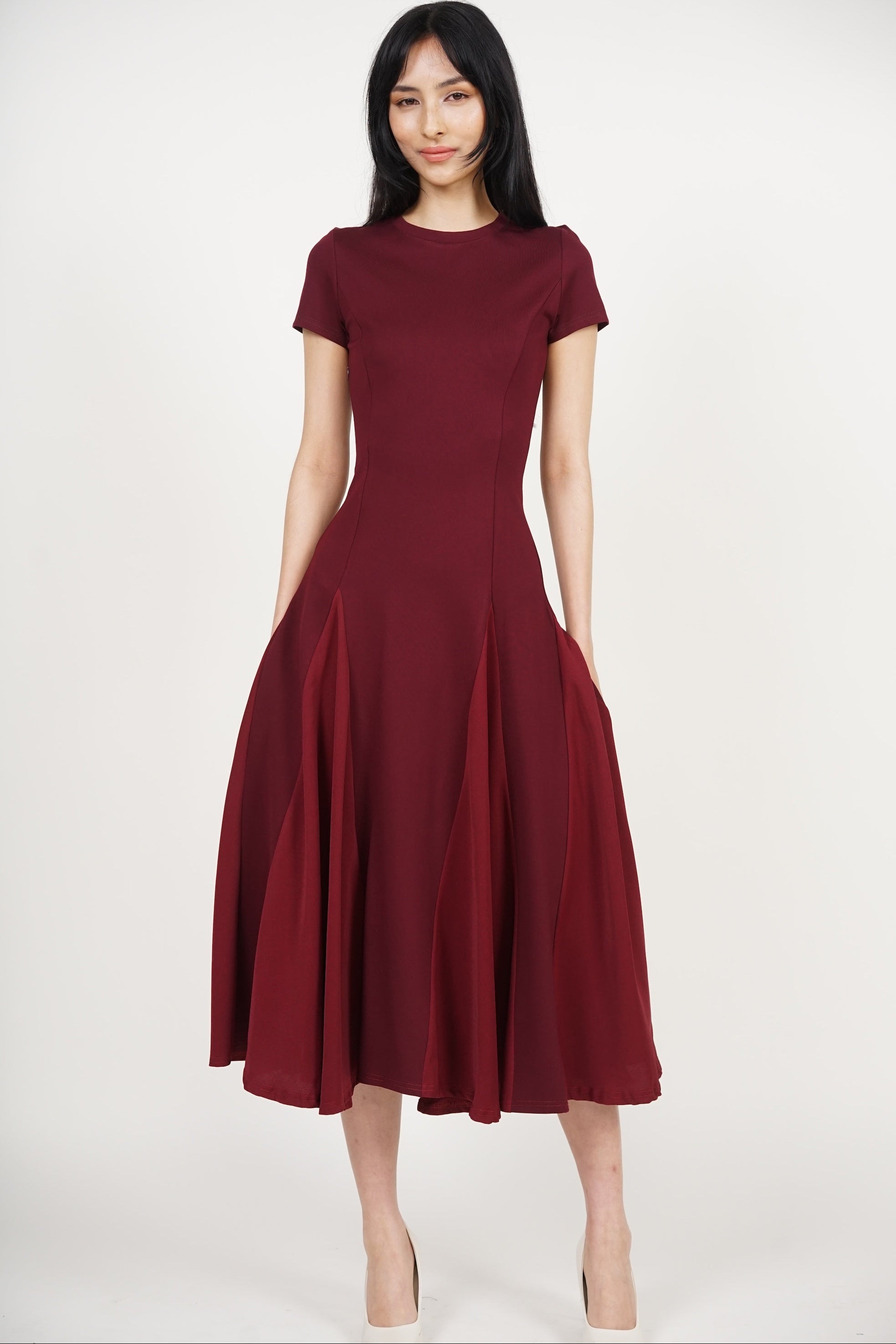 COMING SOON - Midi Godet Colorblock Dress in Burgundy Maroon