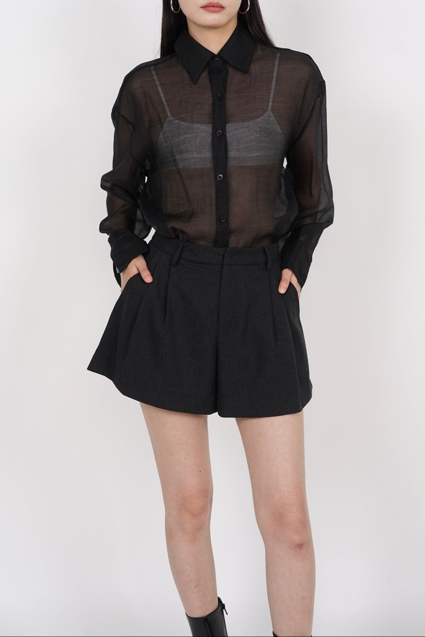 Flared Pleated Shorts in Charcoal