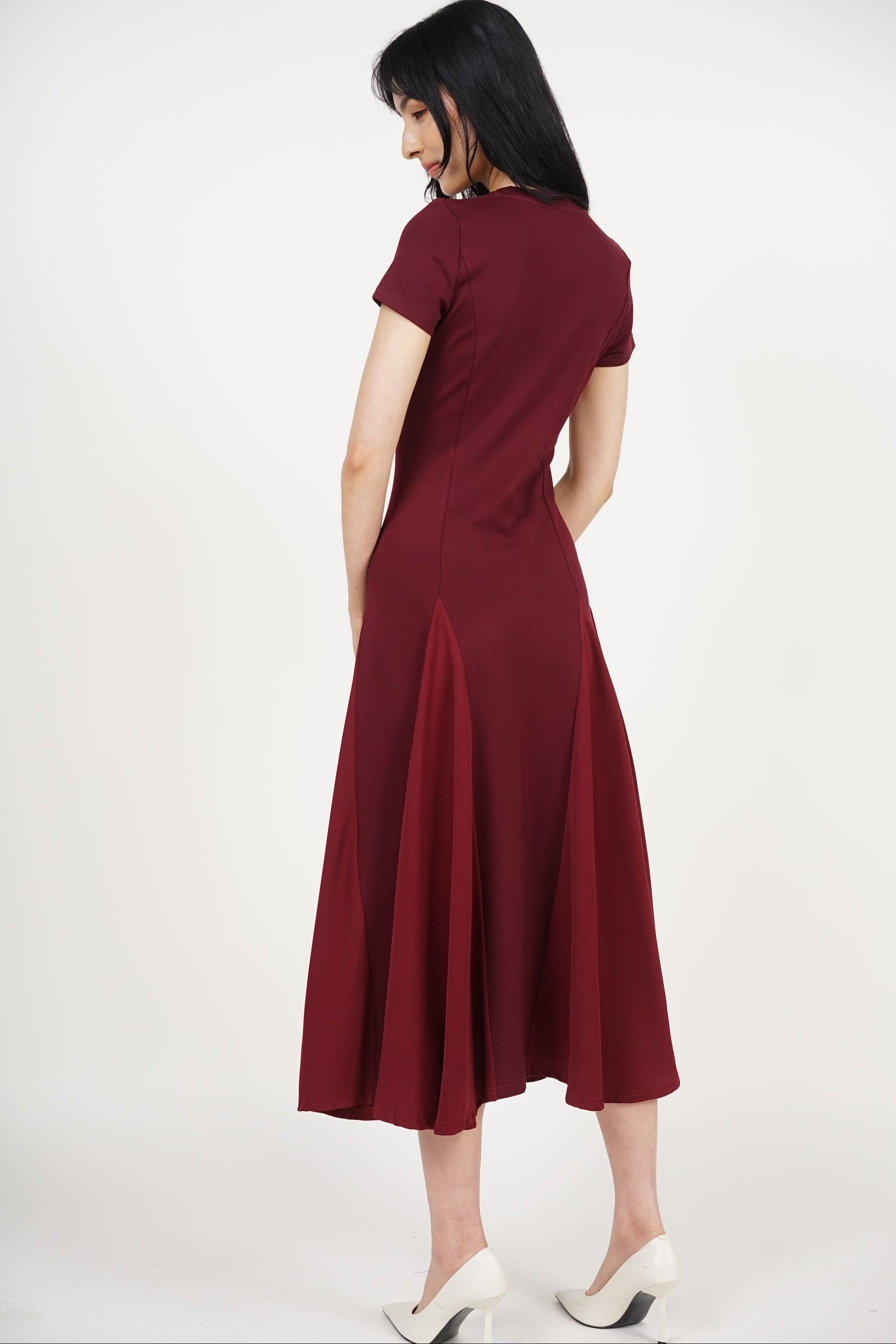 COMING SOON - Midi Godet Colorblock Dress in Burgundy Maroon
