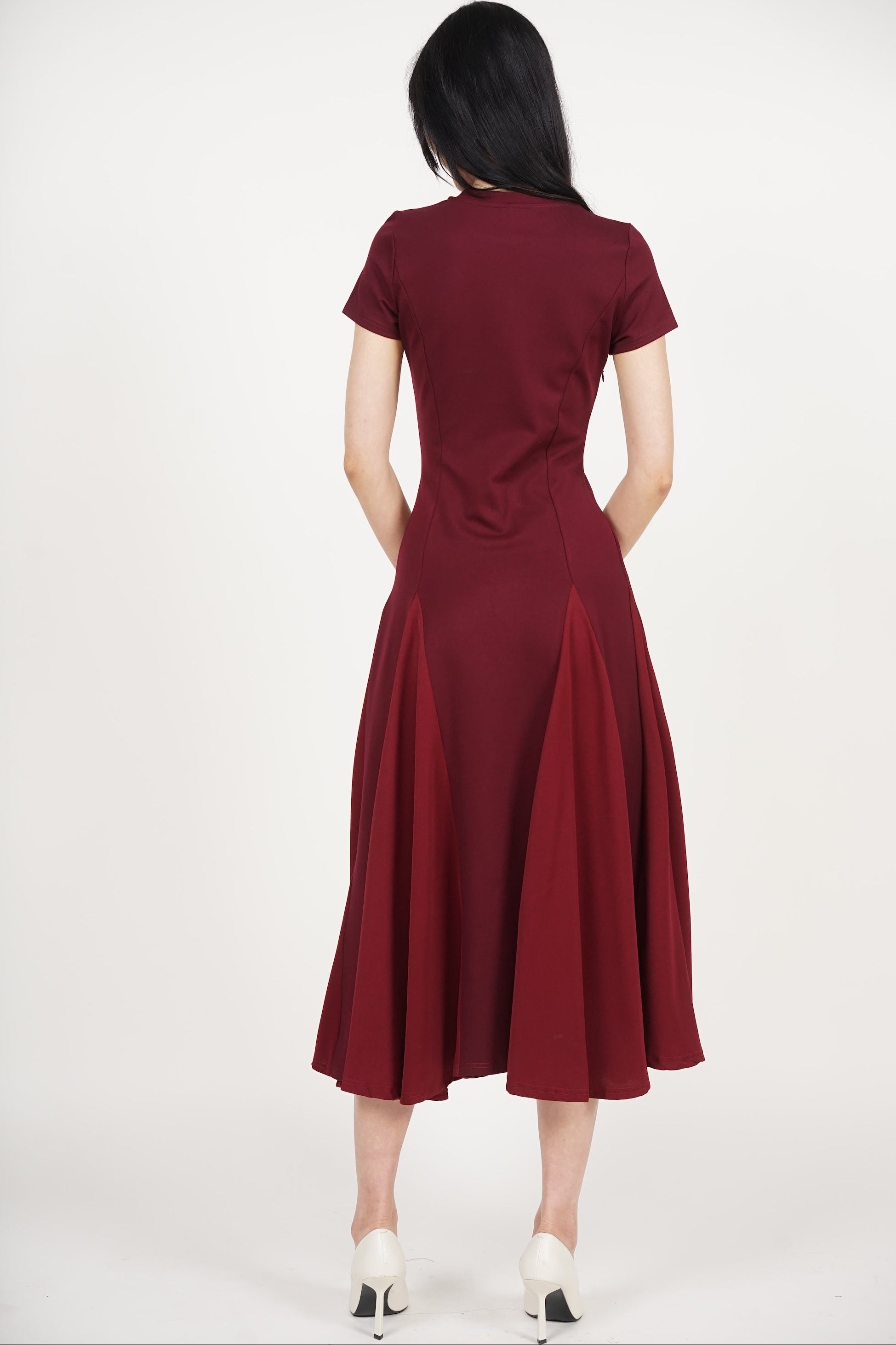 COMING SOON - Midi Godet Colorblock Dress in Burgundy Maroon