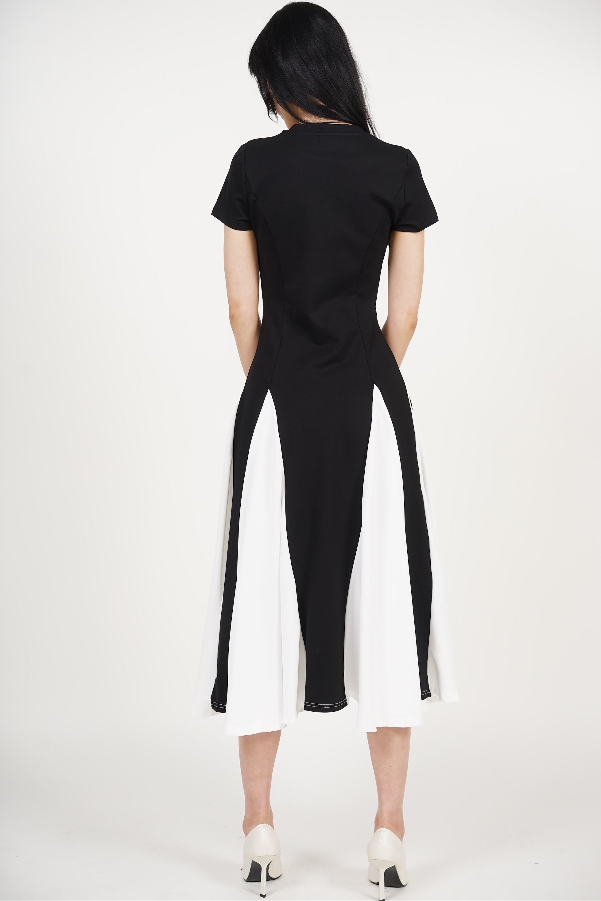Midi Godet Colorblock Dress in Black White