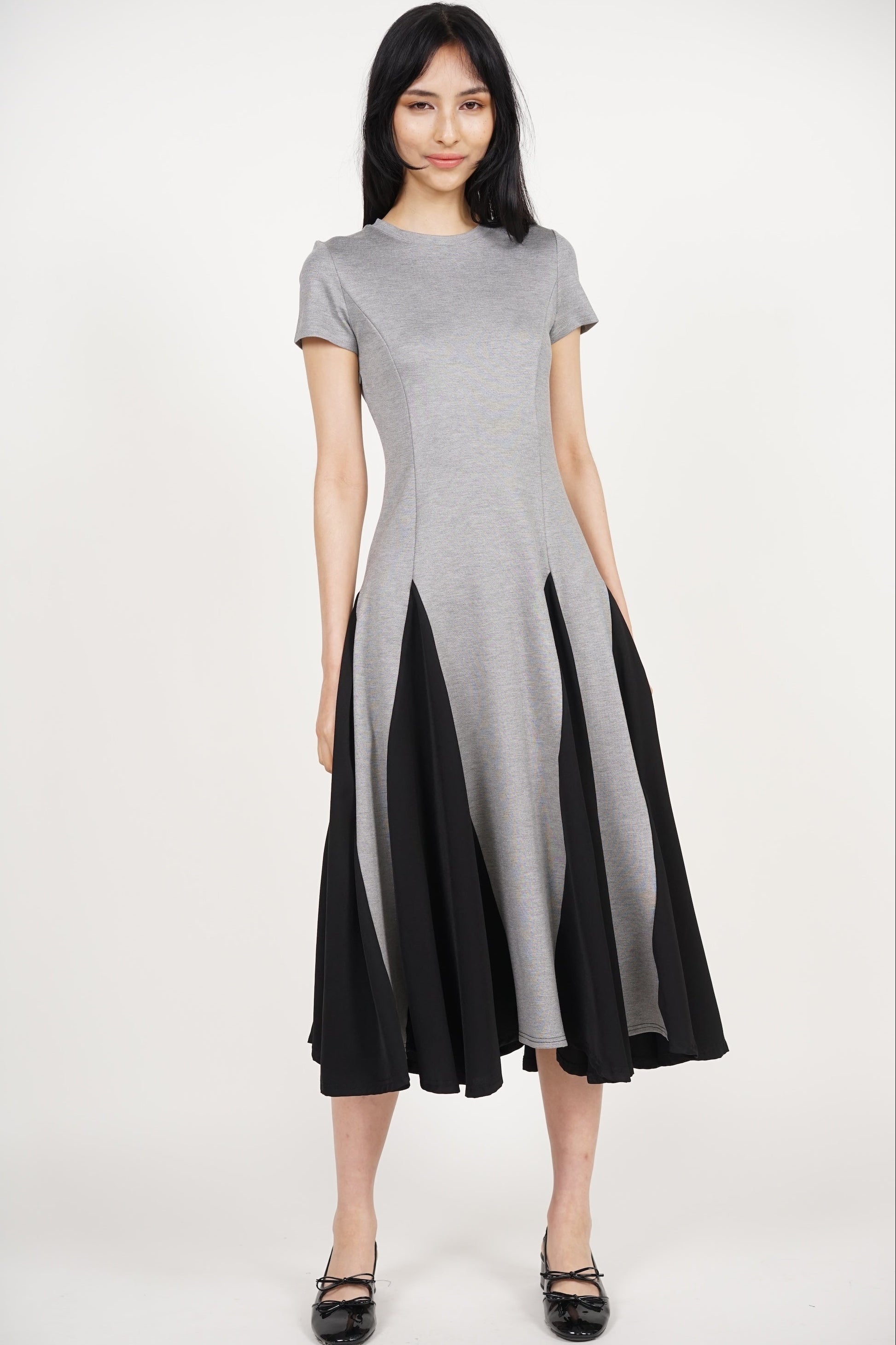Midi Godet Colorblock Dress in Grey Black