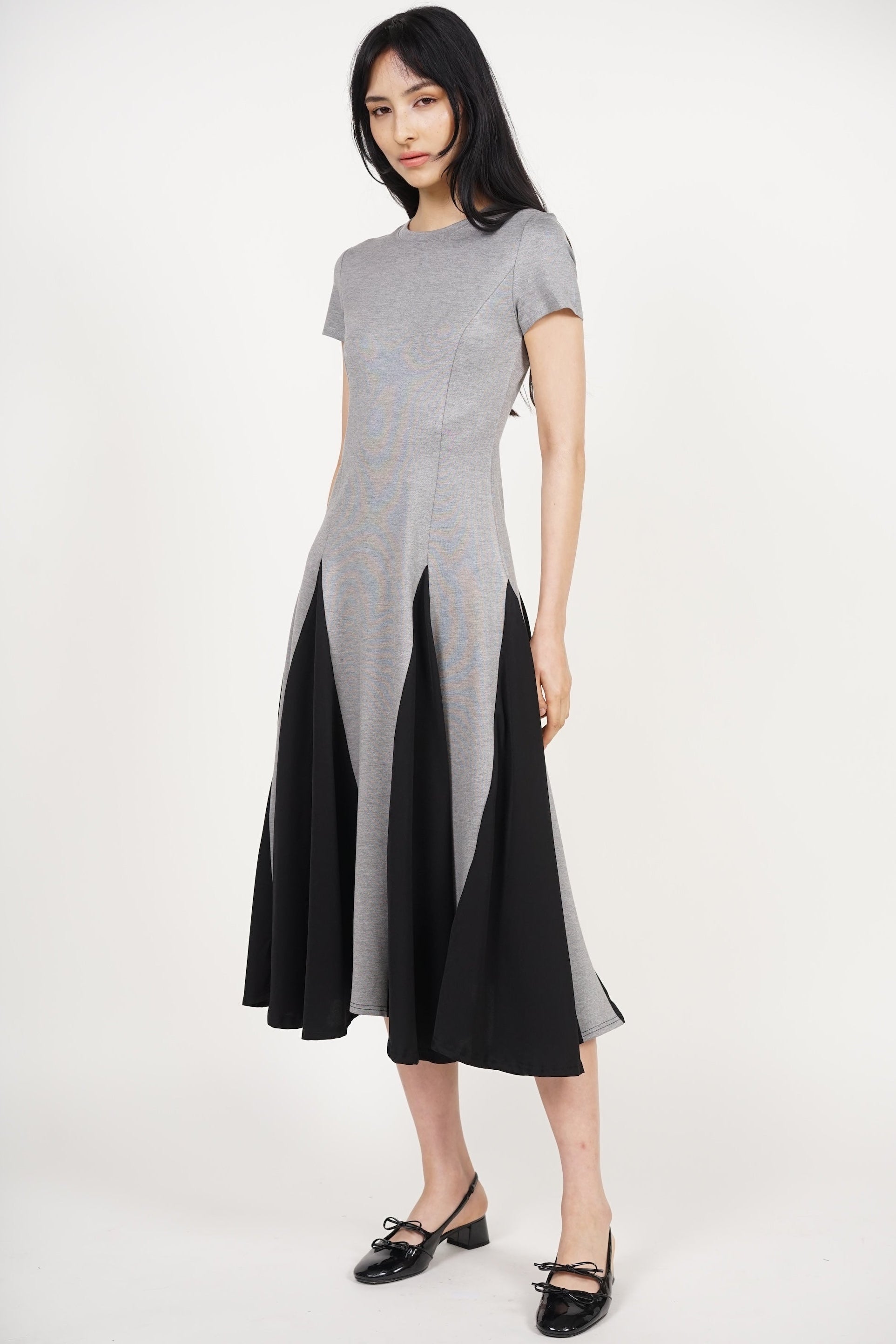 Midi Godet Colorblock Dress in Grey Black