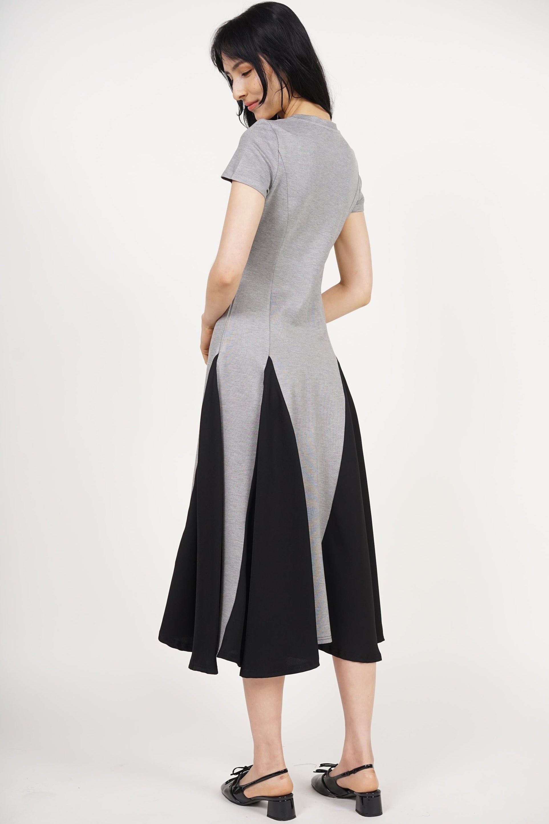 Midi Godet Colorblock Dress in Grey Black