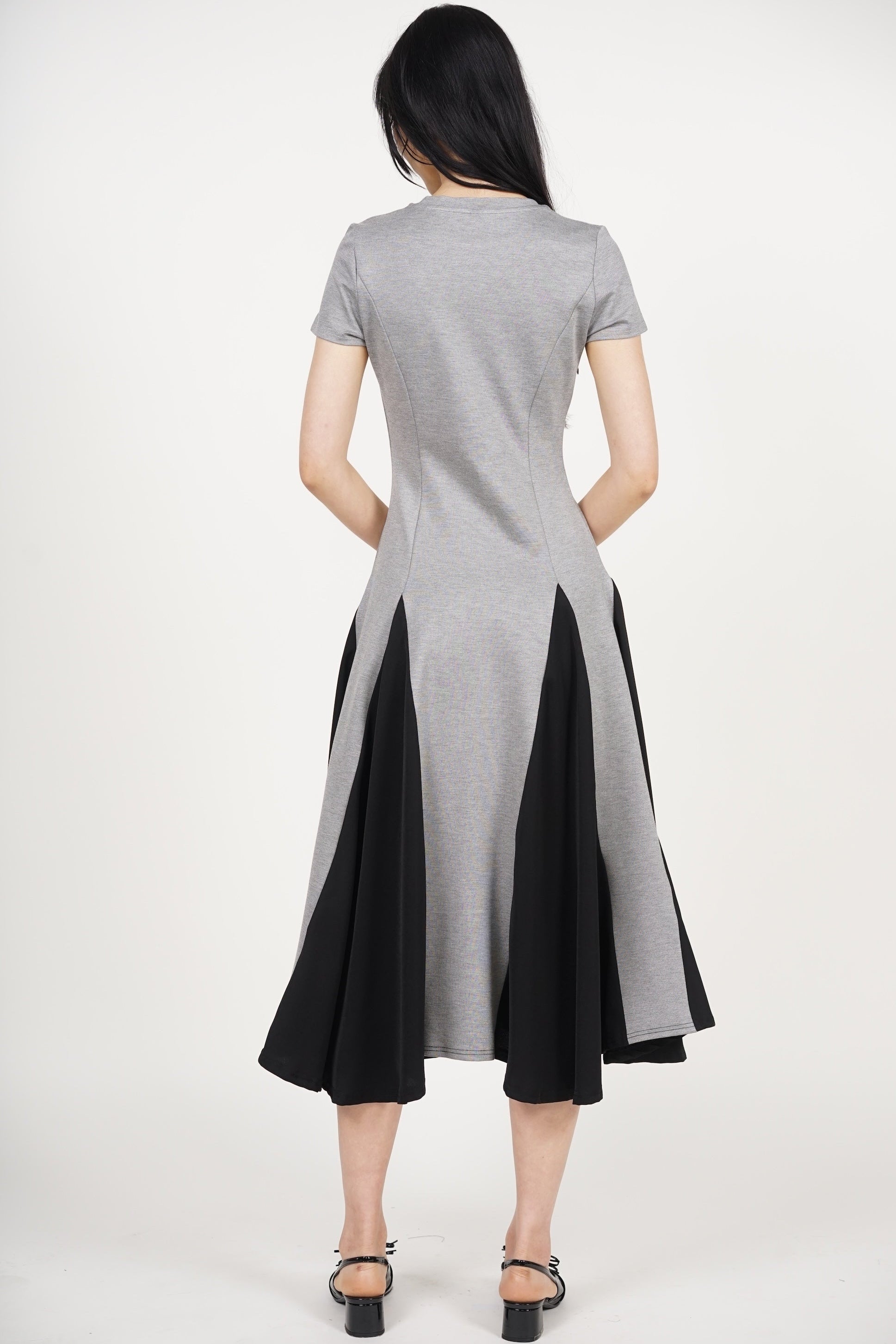 Midi Godet Colorblock Dress in Grey Black