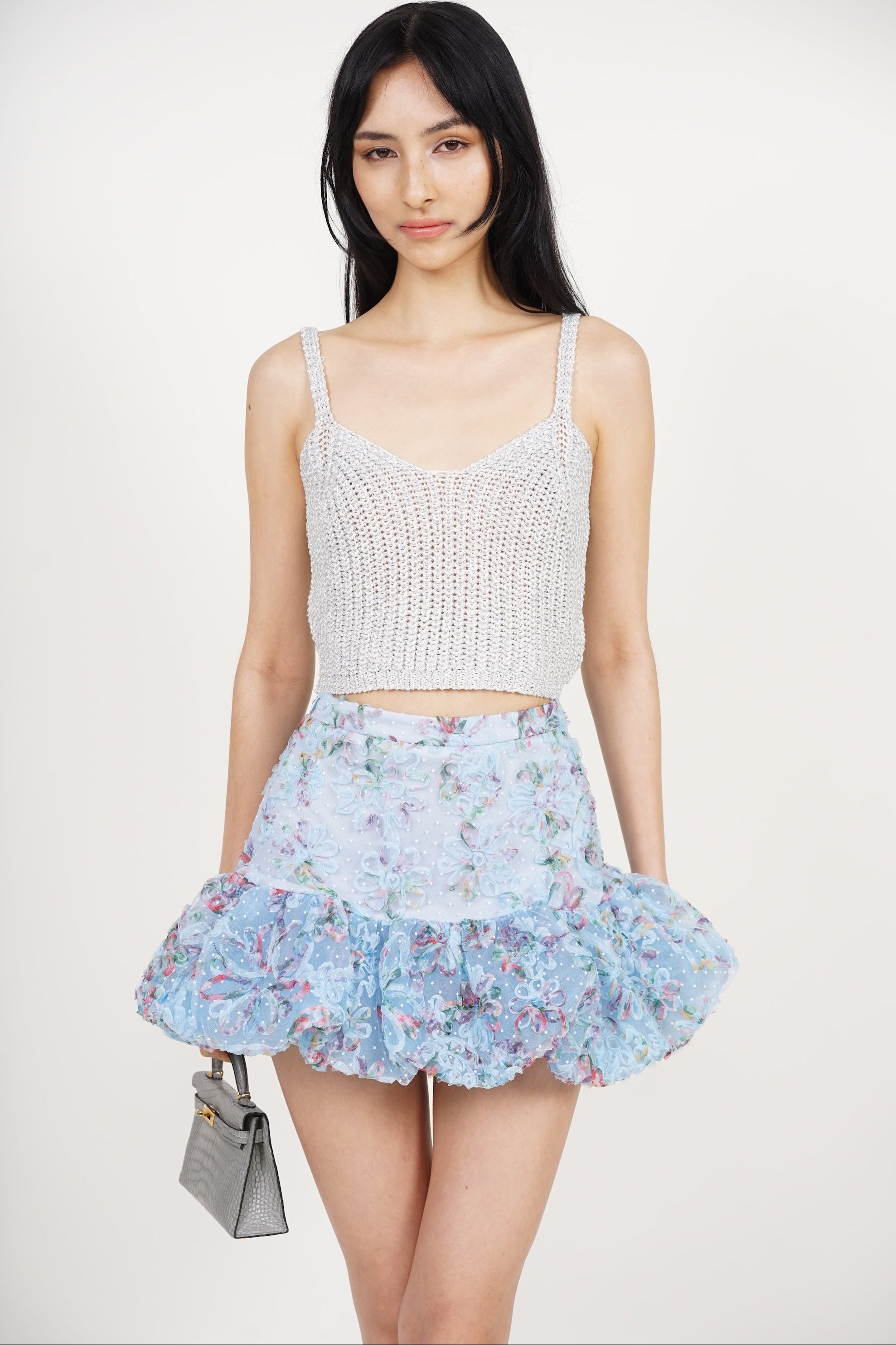 Bubble-Hem Mesh Skorts in Blue Floral