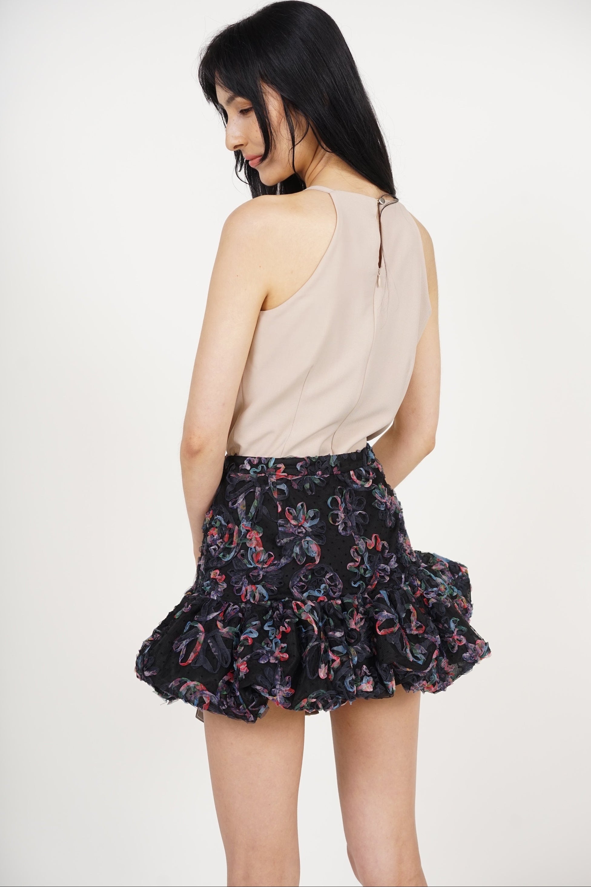 Bubble-Hem Mesh Skorts in Black Floral