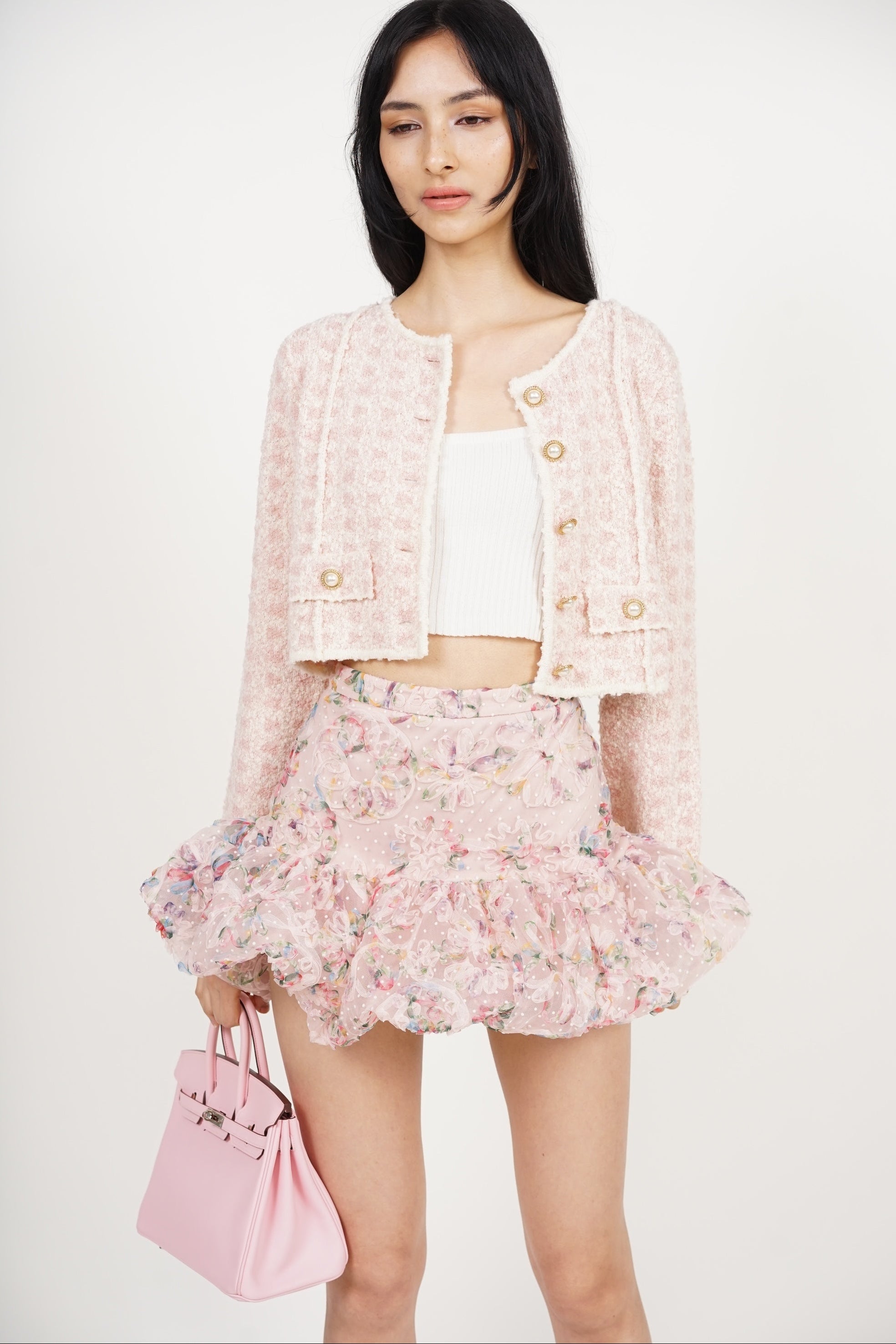Bubble-Hem Mesh Skorts in Pink Floral