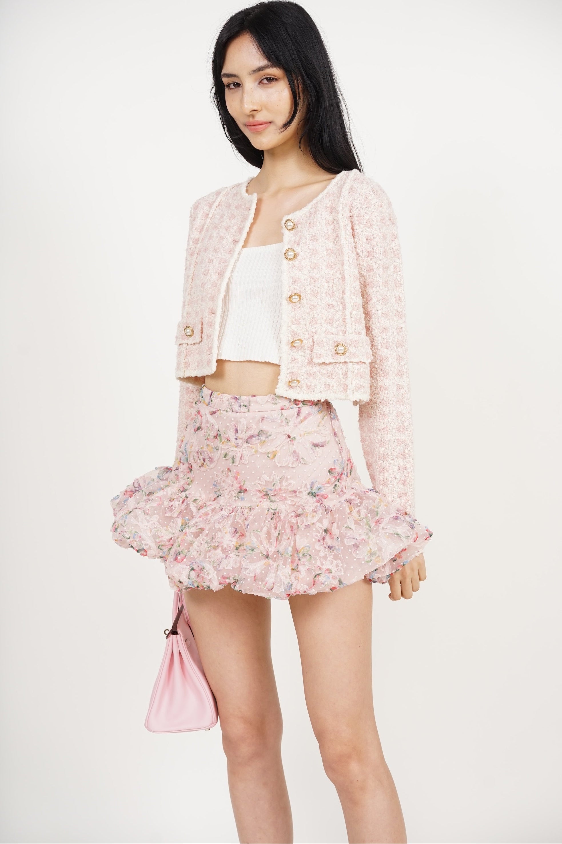 Bubble-Hem Mesh Skorts in Pink Floral