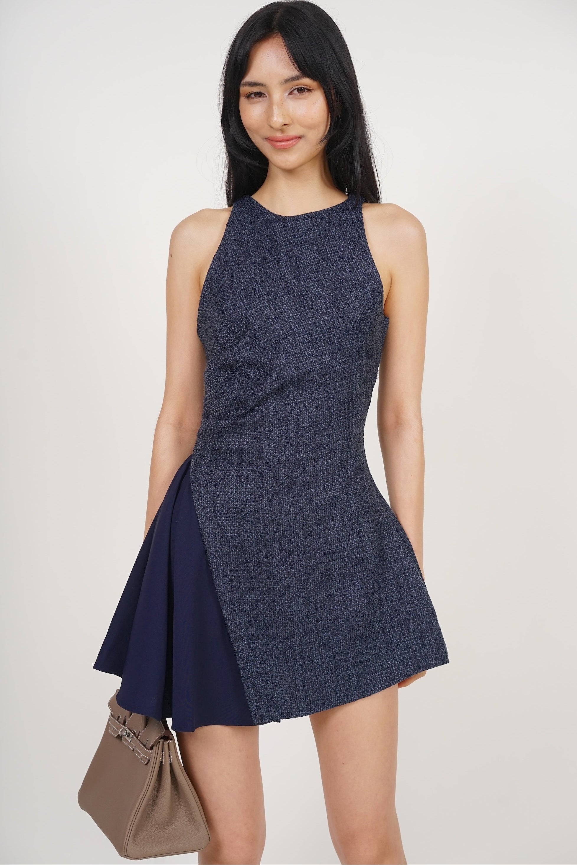 Asymmetrical Ruched Romper in Midnight Tweed