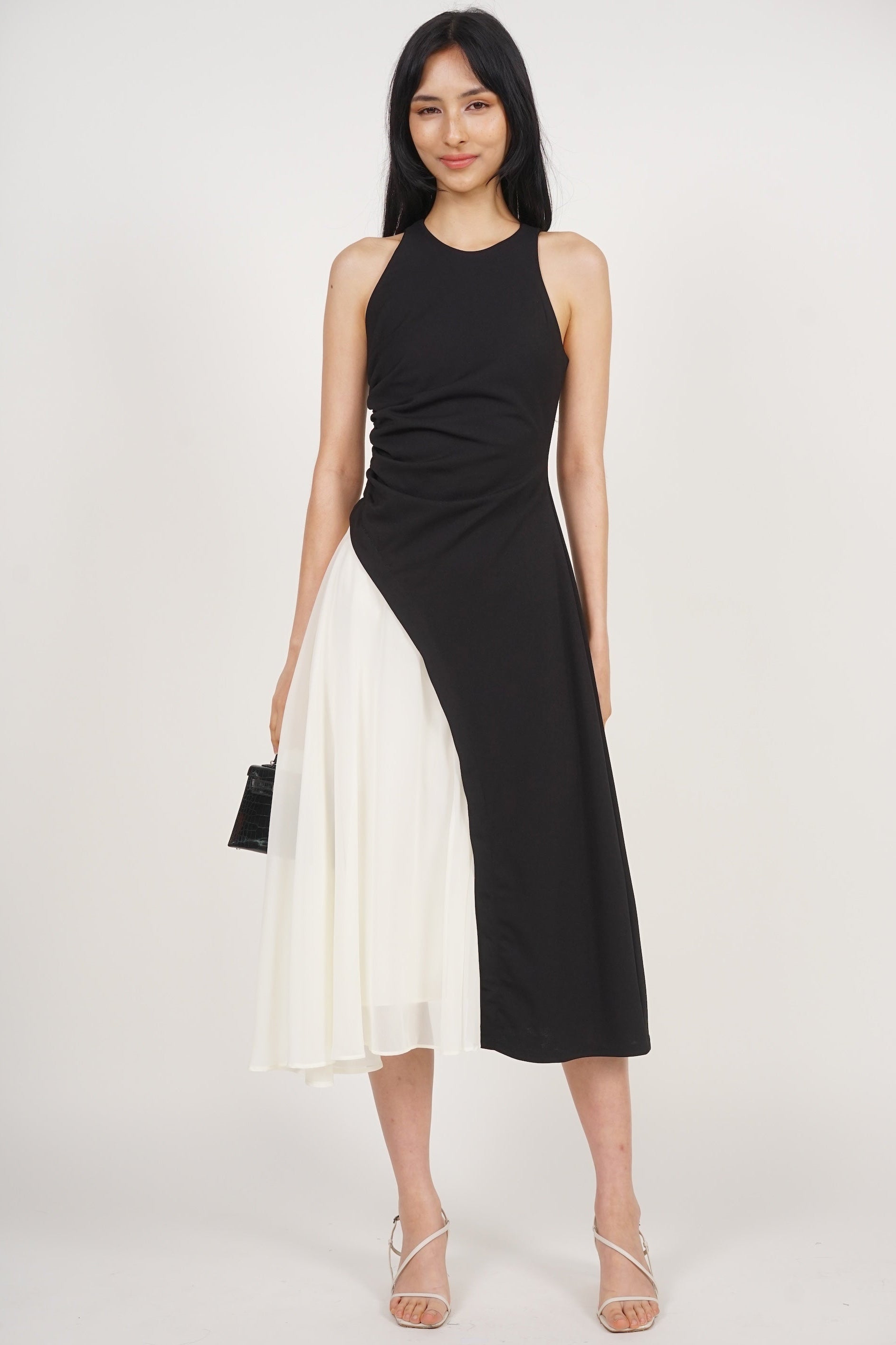 Asymmetrical Ruched Dress in Black White