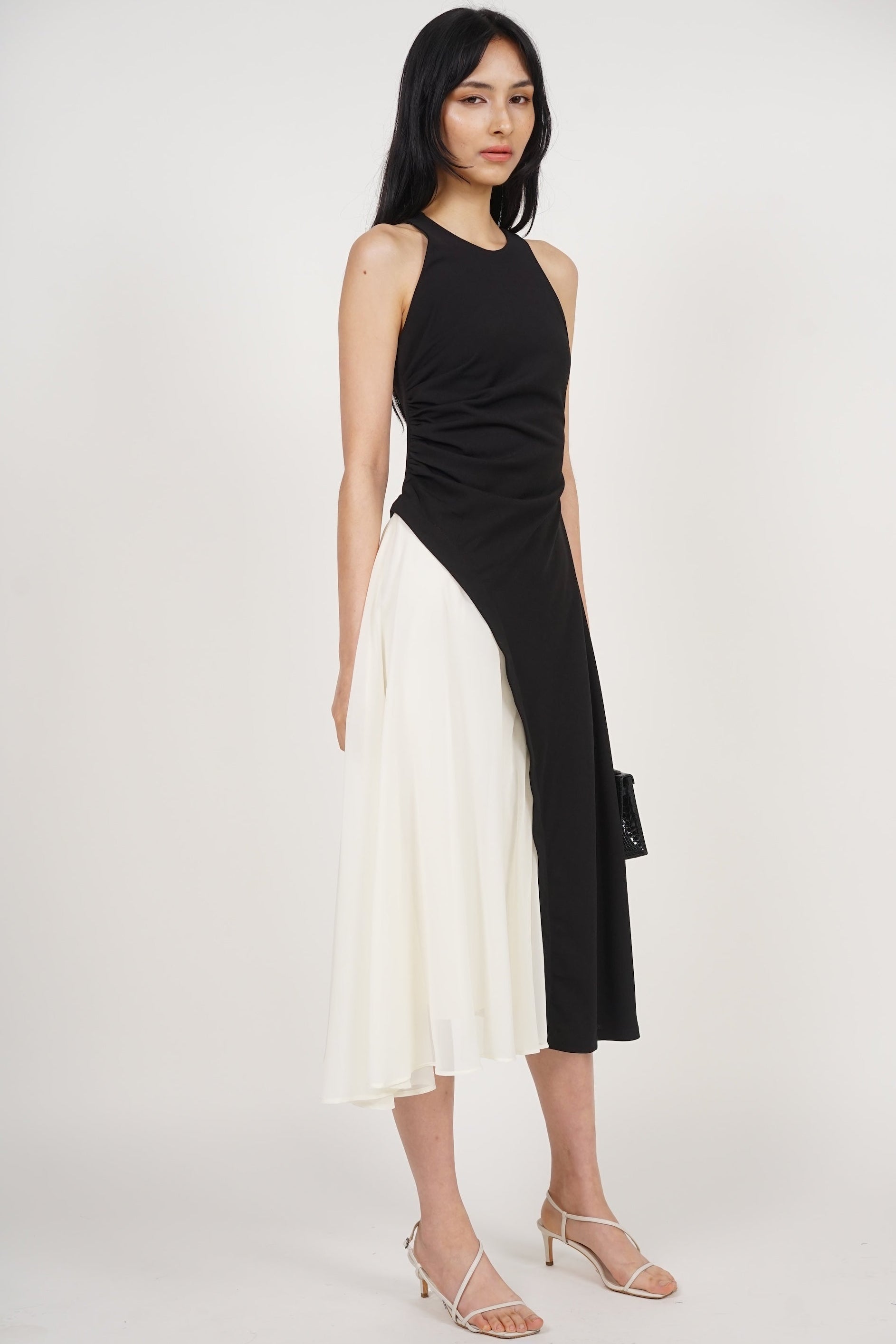 Asymmetrical Ruched Dress in Black White