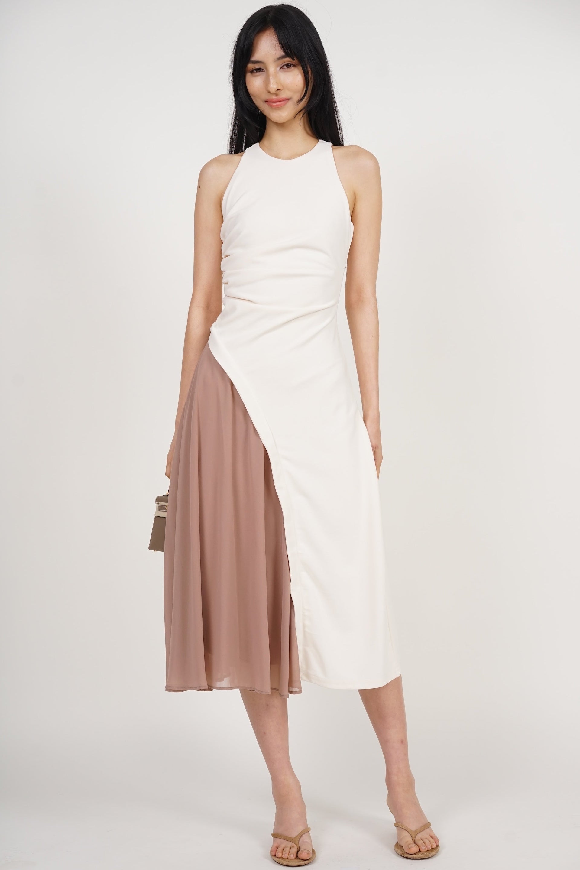 Asymmetrical Ruched Dress in Ecru Nude