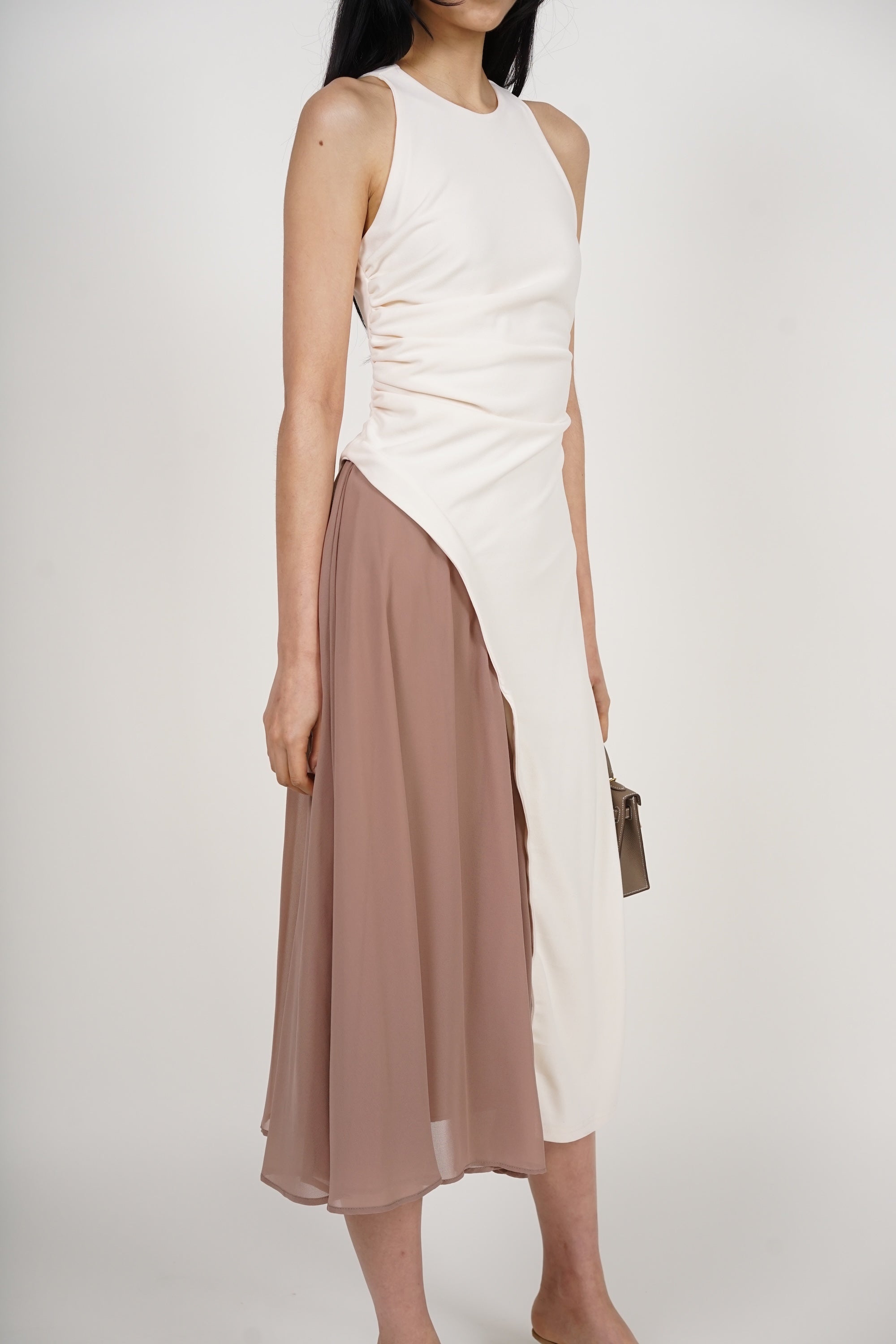 Asymmetrical Ruched Dress in Ecru Nude