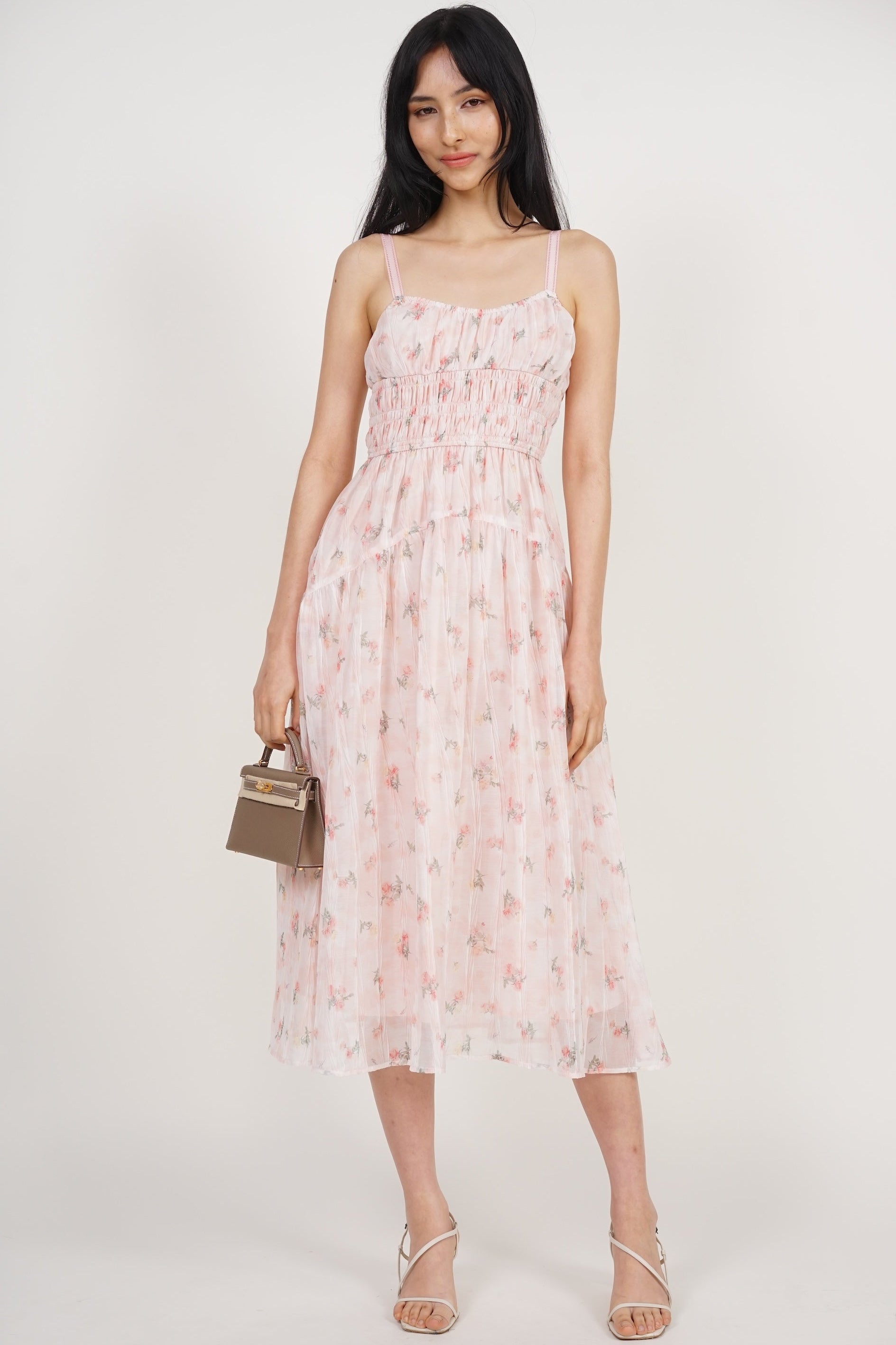 Sleeveless Smocked Flare Dress in Pink Floral