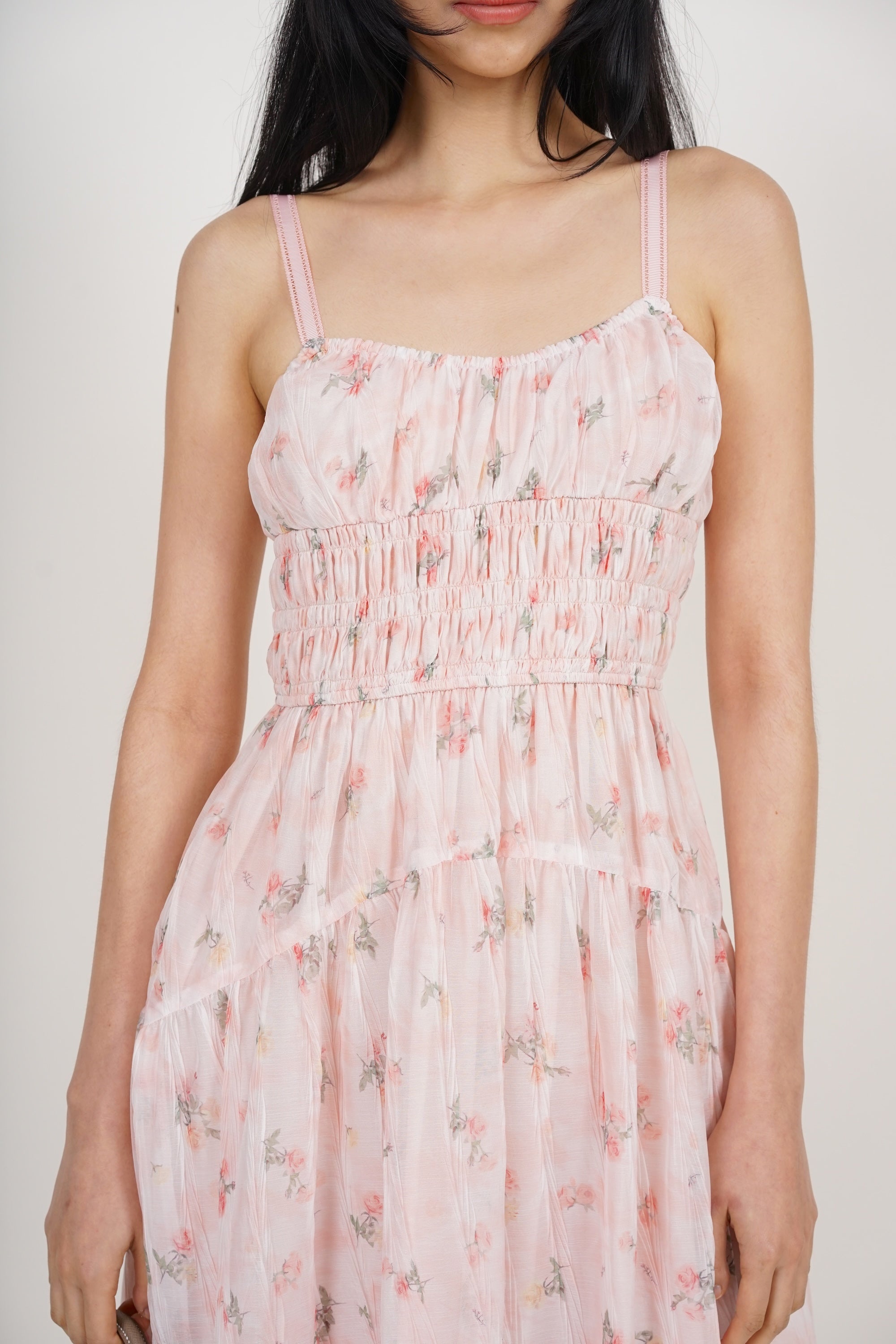 Sleeveless Smocked Flare Dress in Pink Floral